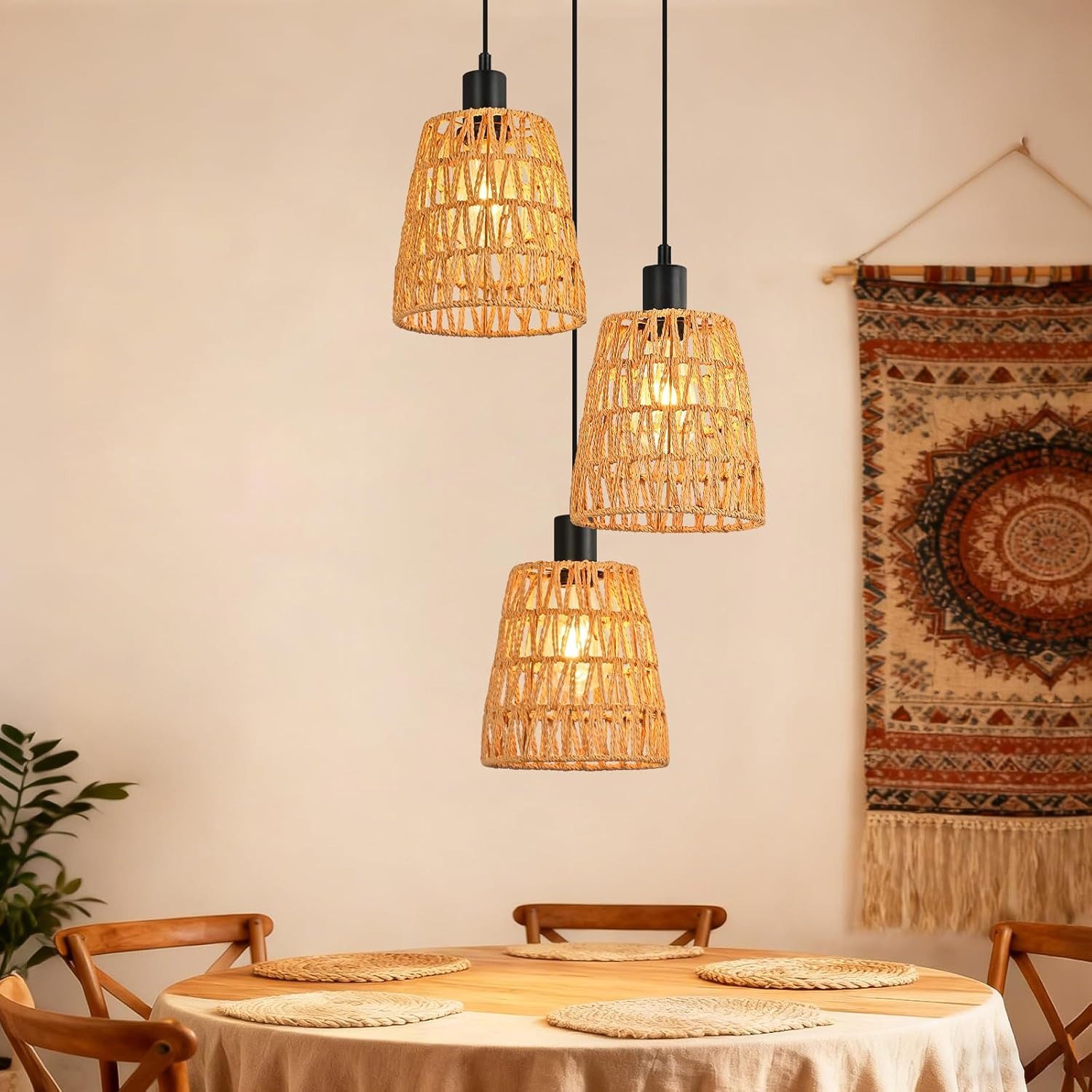 Nettlife Pendelleuchte Retro Boho Hängelampe Rattan höhenverstellbar 1/3 fl günstig online kaufen
