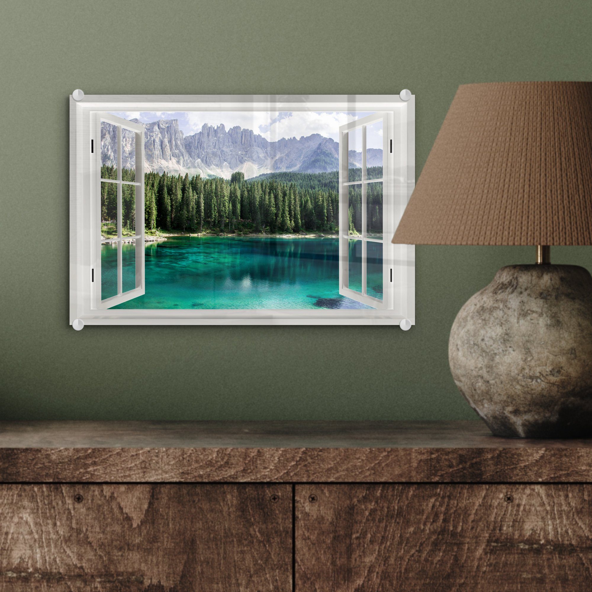 MuchoWow Acrylglasbild Aussicht - Bäume Bilder auf Wandbild auf Wasser, Glas - - Wanddekoration Foto (1 St), - Glasbilder Glas 