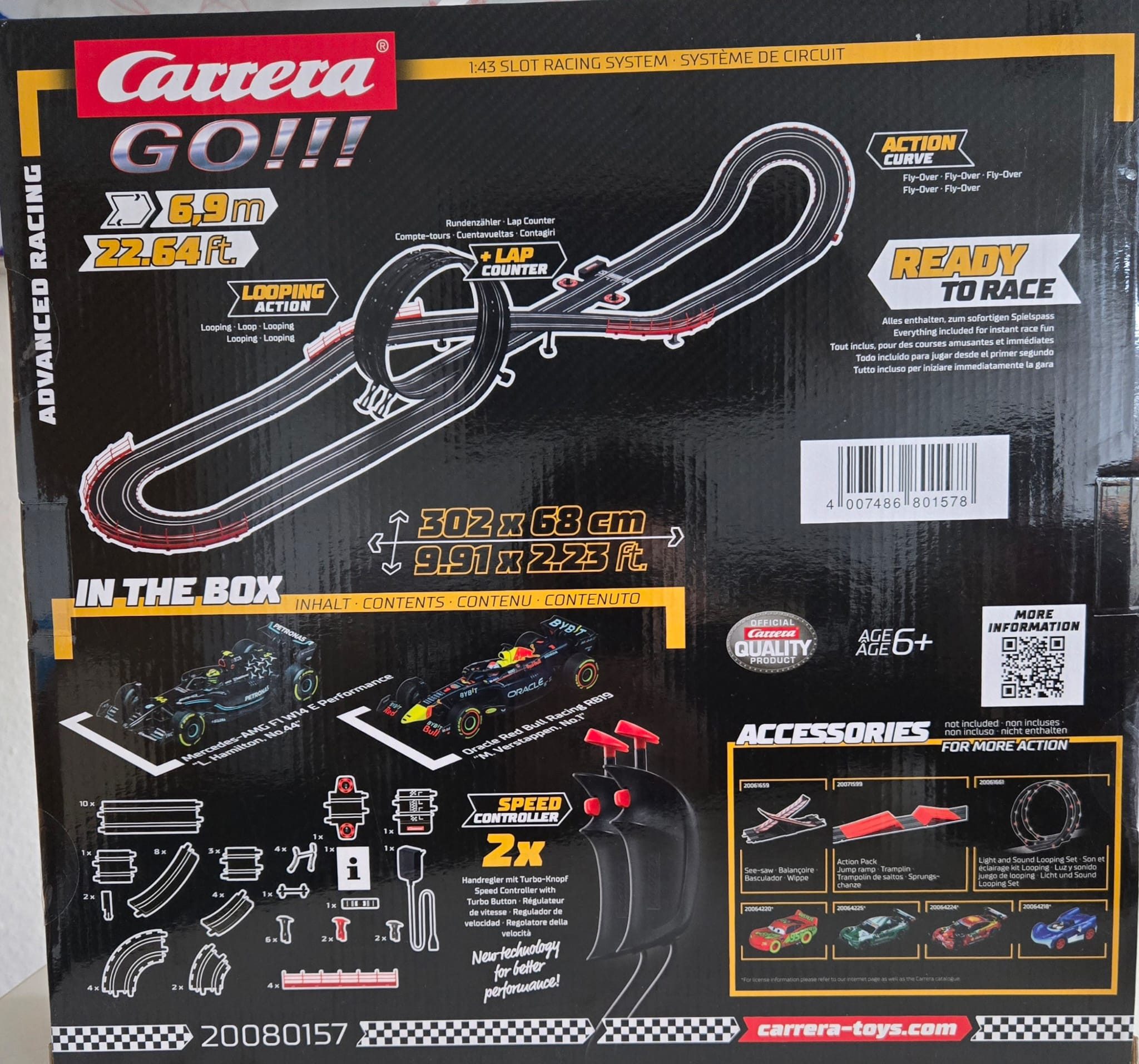 Carrera® Autorennbahn CARRERA GO - Advanced Racing Rennbahn - FORMEL 1 - Red Bull - Mercedes, (2-tlg), Transformator & Anschlussschiene & 2 x Handregler &Schienenelemente