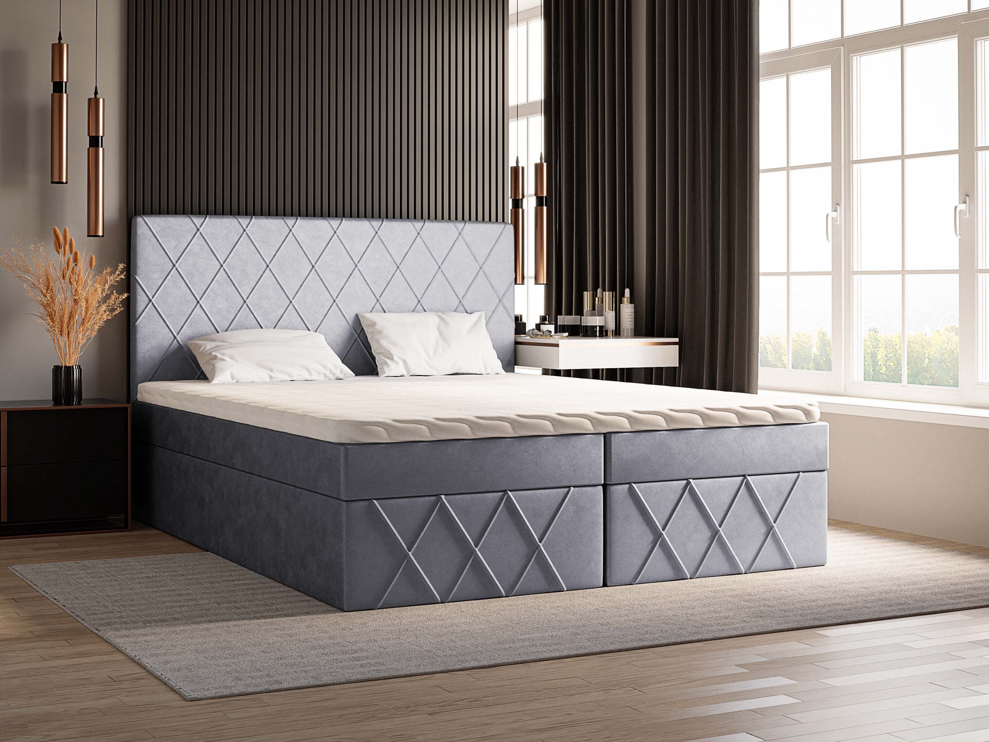 Goldstoff Boxspringbett MOLLY (Stauraumbett, Doppelbett, Polsterbett mit Kopfteil - 120x200, 140x200, 160x200 & 180x200 cm, mit Federkern Matratze und Topper), inkl. zwei Bettkästen - Stauraum & Topper – Modern & Komfortabel