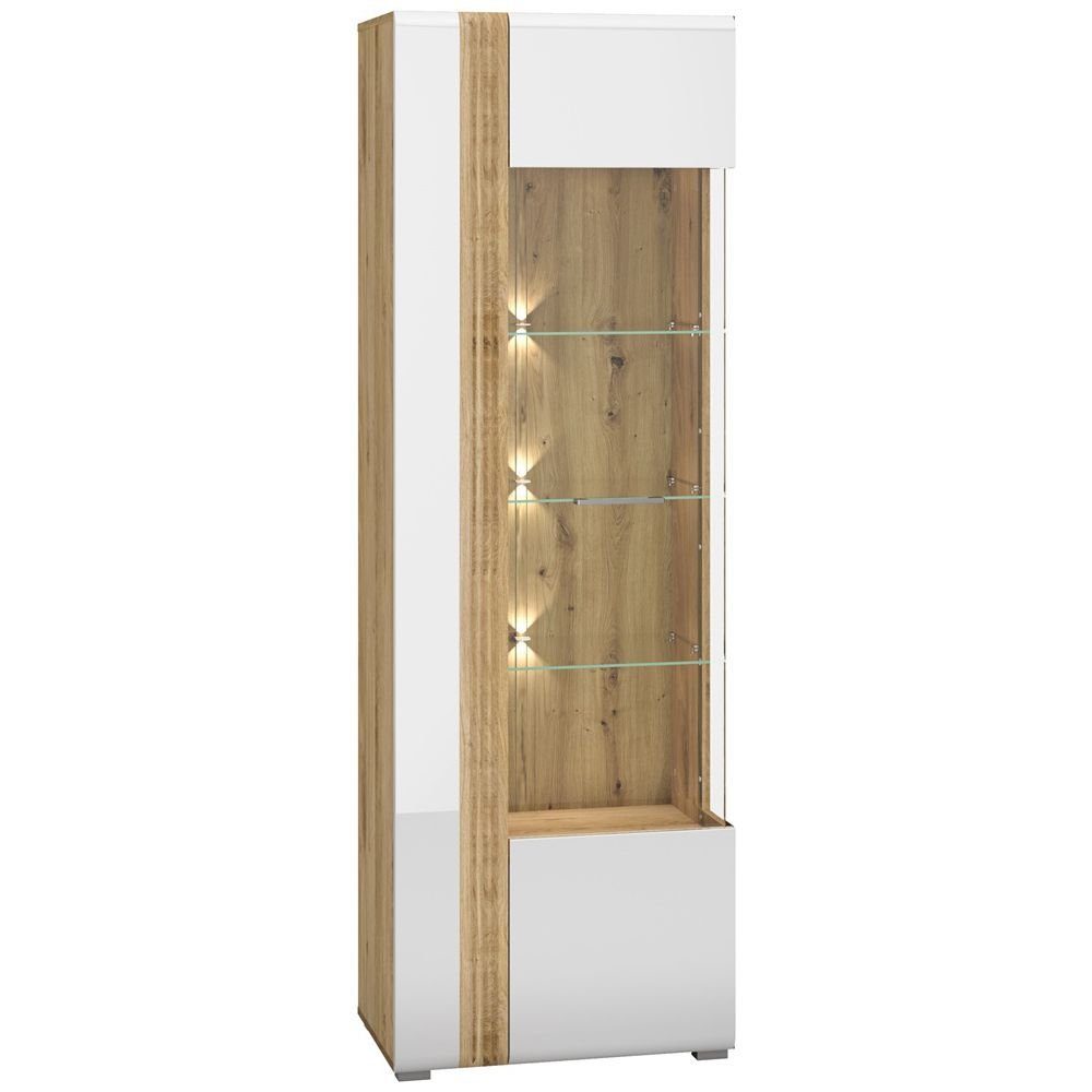 Lomadox Vitrine AKRON-131 Vitrinenschrank Eiche Nb. mit weiß Hochglanz, B/H/T: ca. 65/196/42 cm