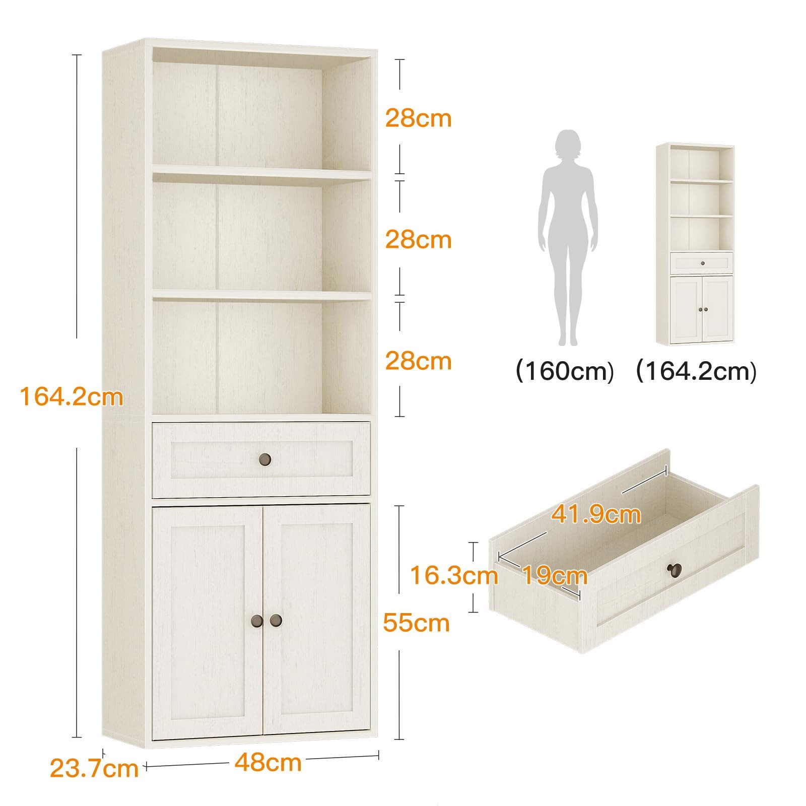 ODK Bücherregal mit Türen, Schrank & Schublade, 5 Ebenen Aufbewahrung, 1-tlg., 164,2 cm Höhe, Weiß, Ideal für Wohnzimmer, Büro & Schlafzimmer