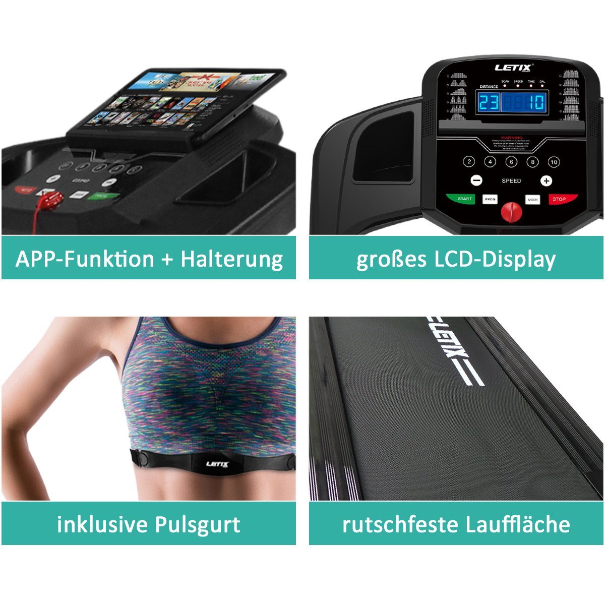 mit & elektrisch), weiß Laufband Letix Bluetooth Fitnessgerät mit Speedrunner Sports (Heimtrainer Funktion APP LCD-Display Motorisiertes