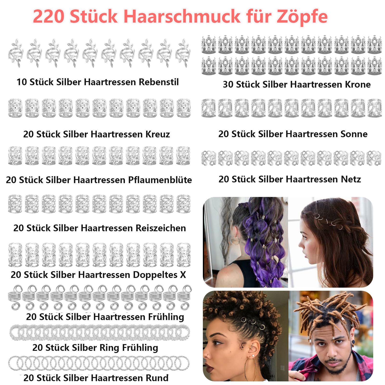 CLTYQ Haarspange 220 Stück Gold-Haarschmuck für Zöpfe, Loc Schmuck für Haar-Dreadlock, Haaranhänger für Frauen, Metall-Gold-Zöpfe