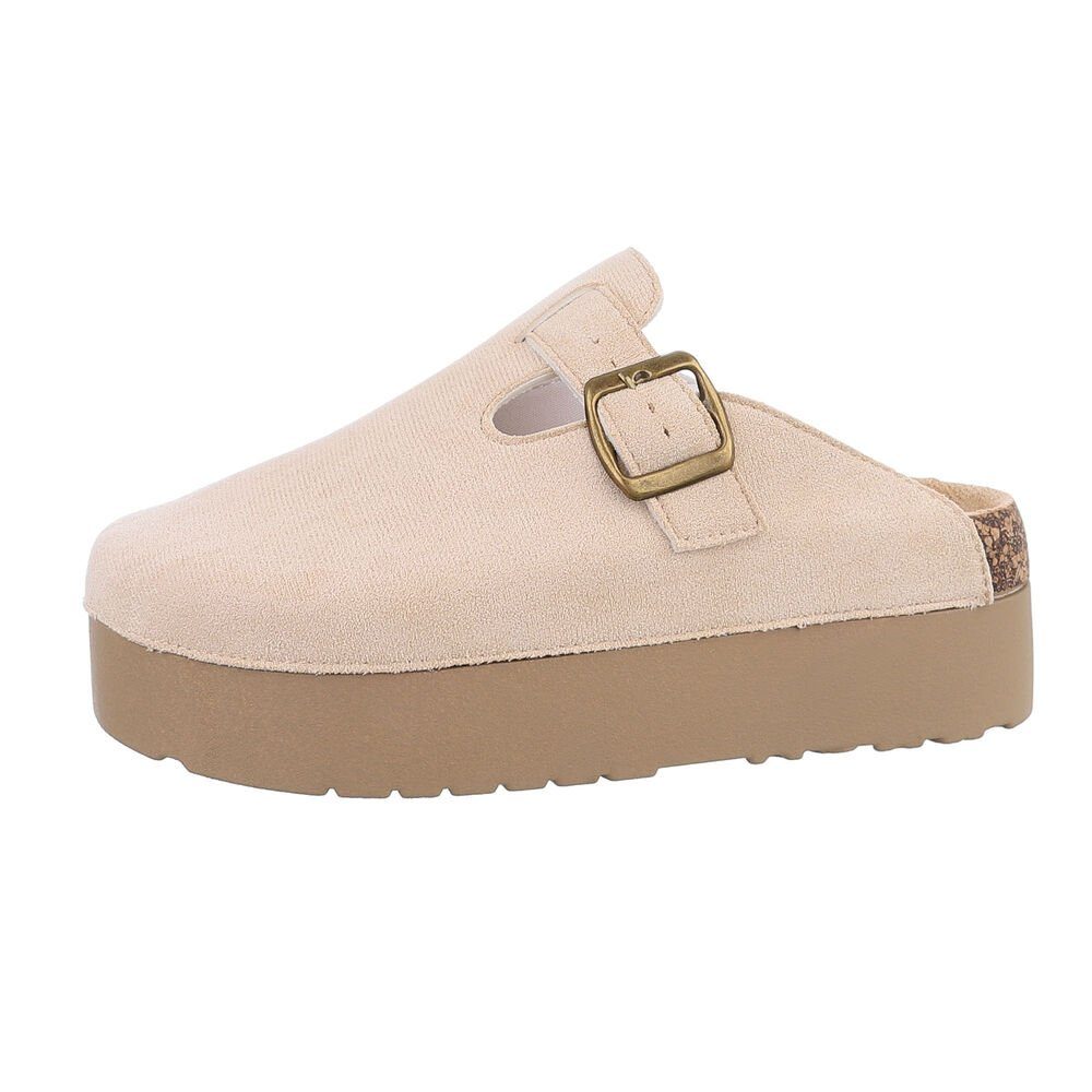 Ital-Design Damen Mules Freizeit Plateausandaletten Flach Pantoletten in Beige