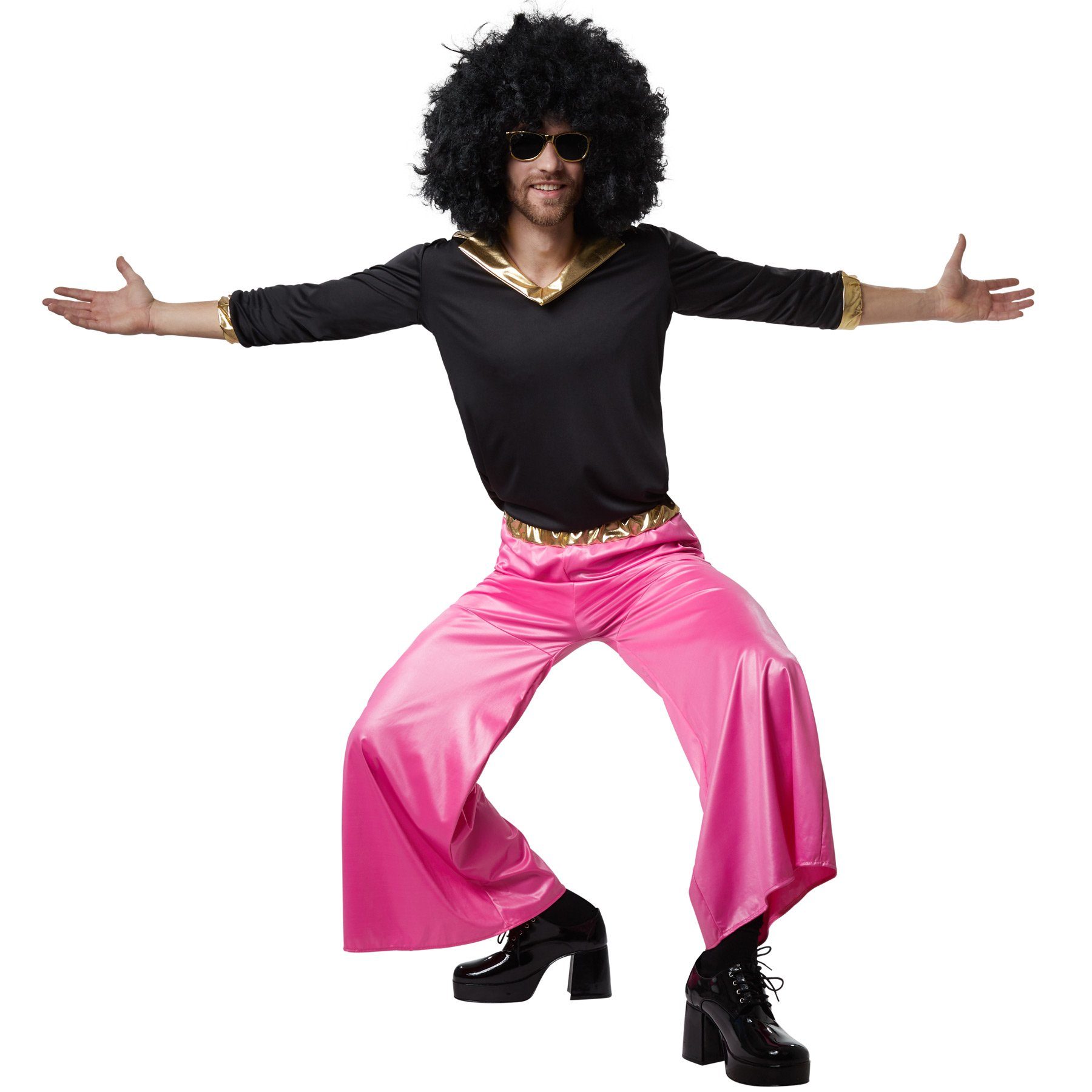dressforfun Hippie-Kostüm Tänzer, auch Sänger, in der Farbe schwarz/pink, Gr. XXL, Hosenbund, Schlaghose mit Gummizug, Figurbetontes Oberteil mit langen Ärmeln