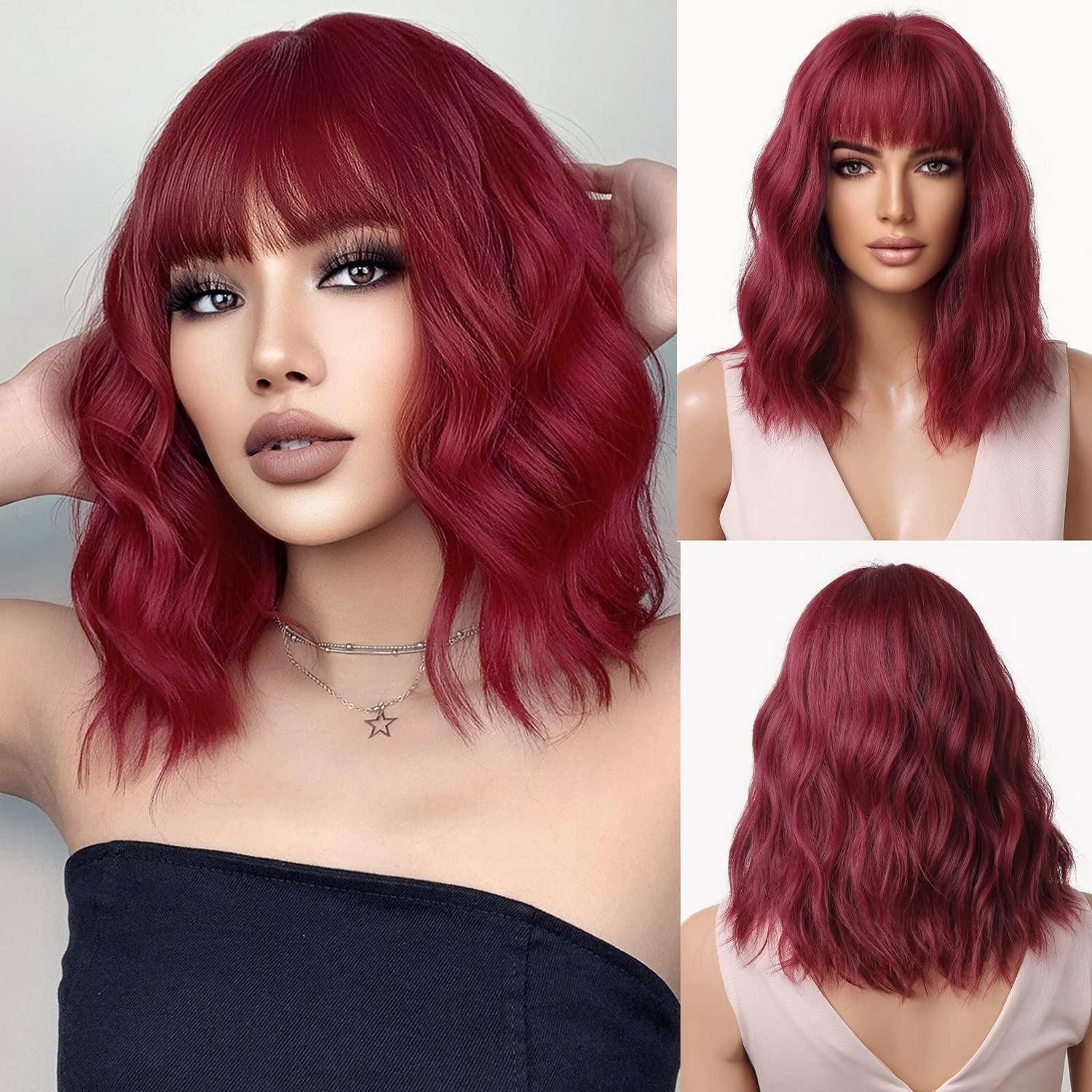 LuxusKollektion Kunsthaarperücke Perücke Bob Pony Schulterlänge burgund synthetisch Damen Rot