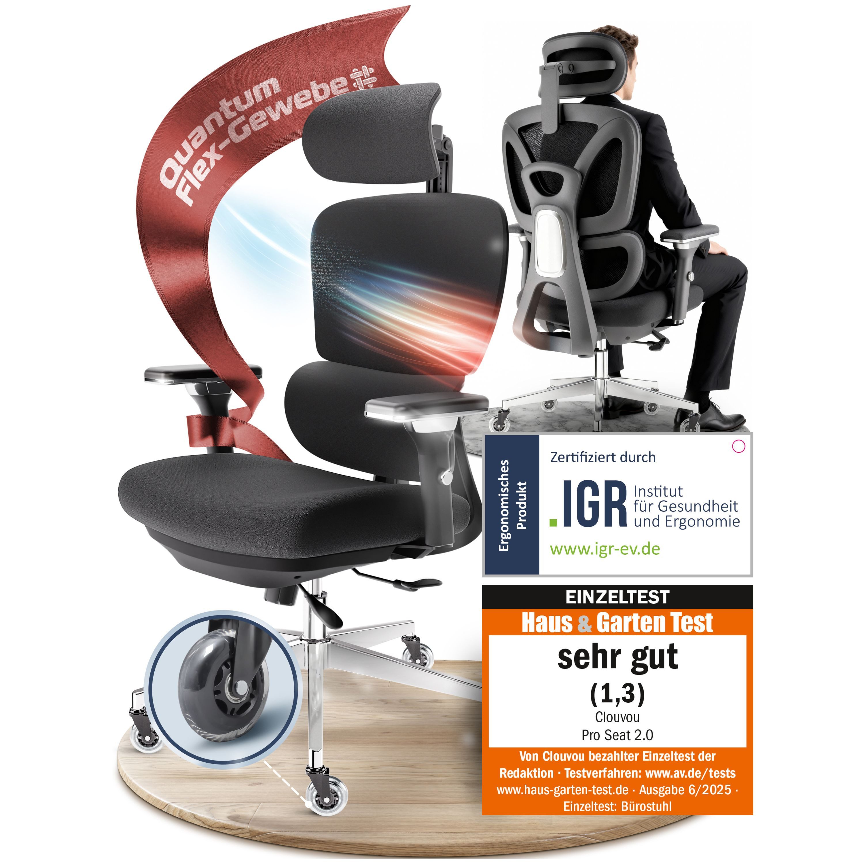 CLOUVOU Bürostuhl Ergonomisch, Schreibtischstuhl bis 150 kg - Testsieger (ProSeat - Chefsessel für Arbeitszimmer, 4D Gaming Armlehnen & 3D Kopfstütze), Blade Wheels, Homeoffice, Gaming Stuhl, Drehstuhl