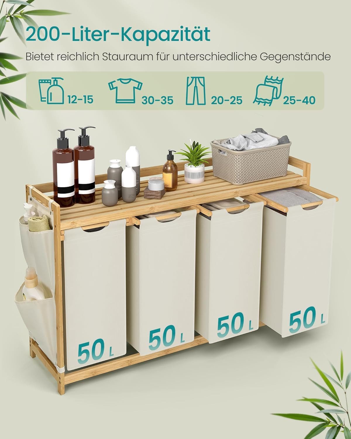 SONGMICS Wäschekorb Wäschekorb 4 Fächer Bambus Wäschesortierer 200L Ablage & Wäschesäcken (Wäschesortierer 4 Fächer Bambus mit Ablage und abnehmbaren Wäschesäcken 200L, Wäschekorb 4 Fächer mit Wäschesäcken und Ablage), 4 Fächer, abnehmbare Wäschesäcke, Ablage, kleine seitliche Taschen