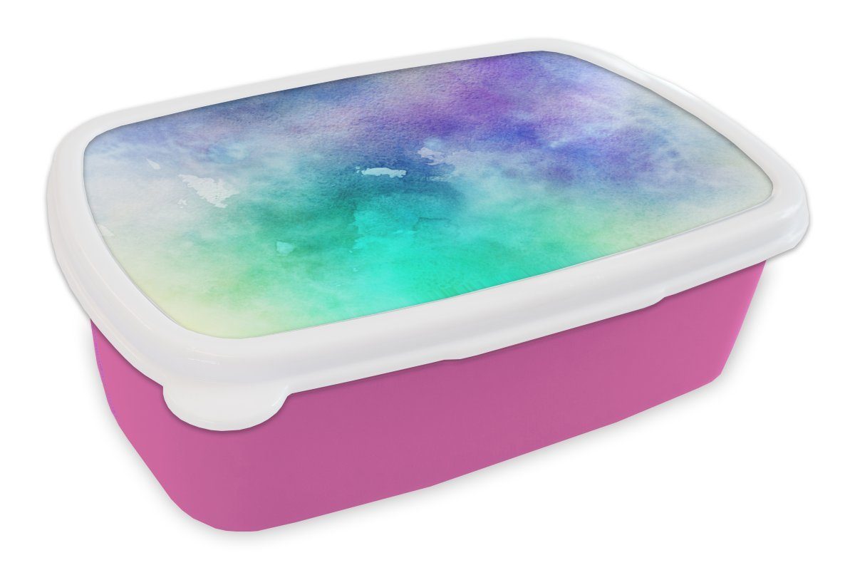 MuchoWow Lunchbox Aquarell - Abstrakt - Lila - Blau, Kunststoff, (2-tlg), Brotbox für Erwachsene, Brotdose Kinder, Snackbox, Mädchen, Kunststoff rosa