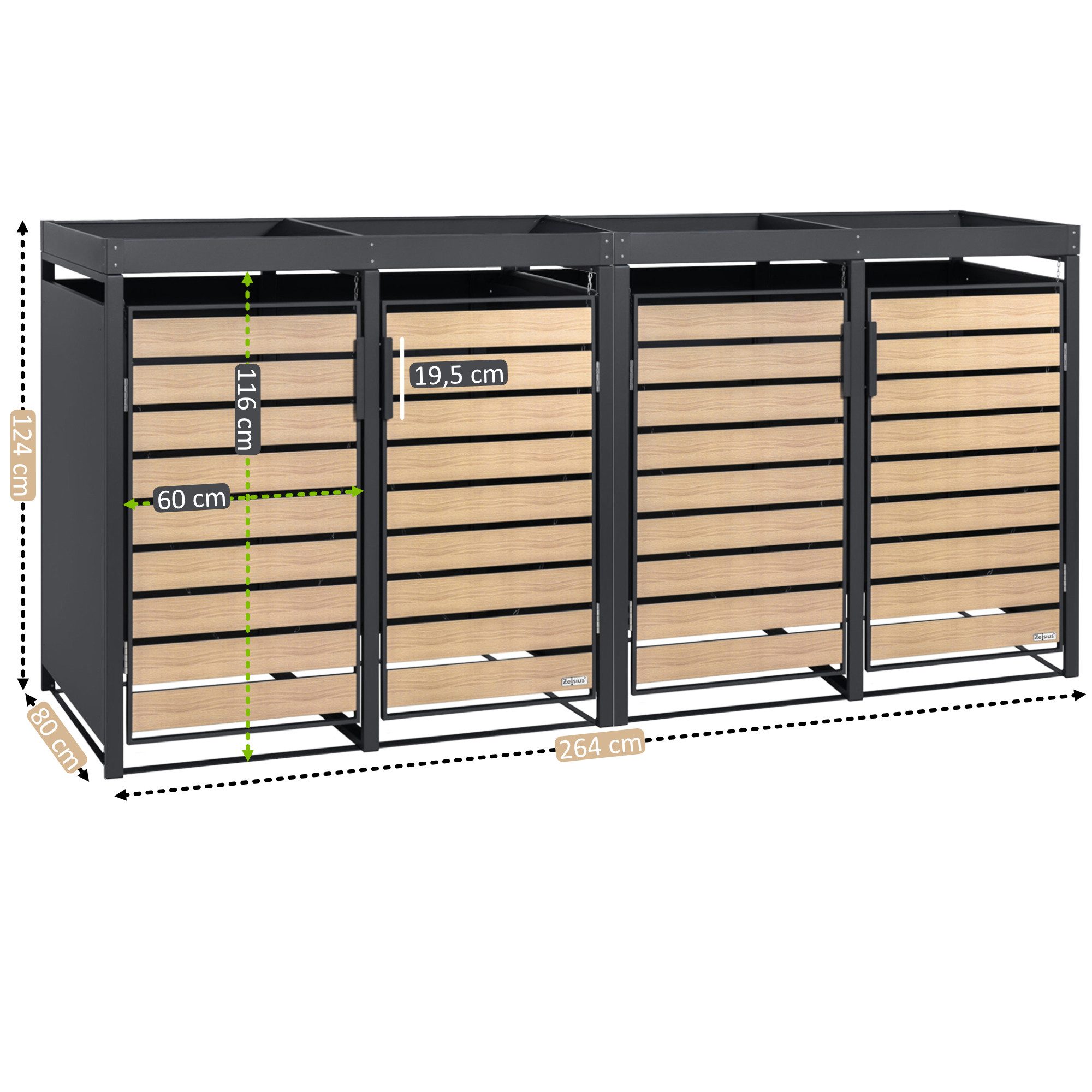 Zelsius Mülltonnenbox 4 er mit Pflanzdach für 4 Tonnen, 120 - 240 Liter, Tür in Holzoptik