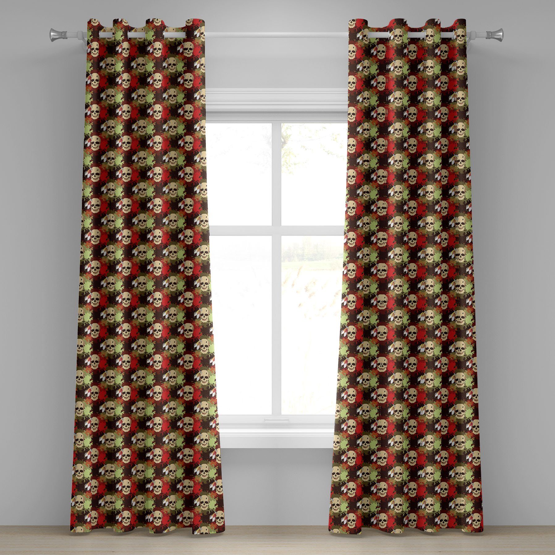 Wohnzimmer, für Gardine Schädel-Feder-Muster Abakuhaus, Bunt 2-Panel-Fenstervorhänge Dekorative Schlafzimmer