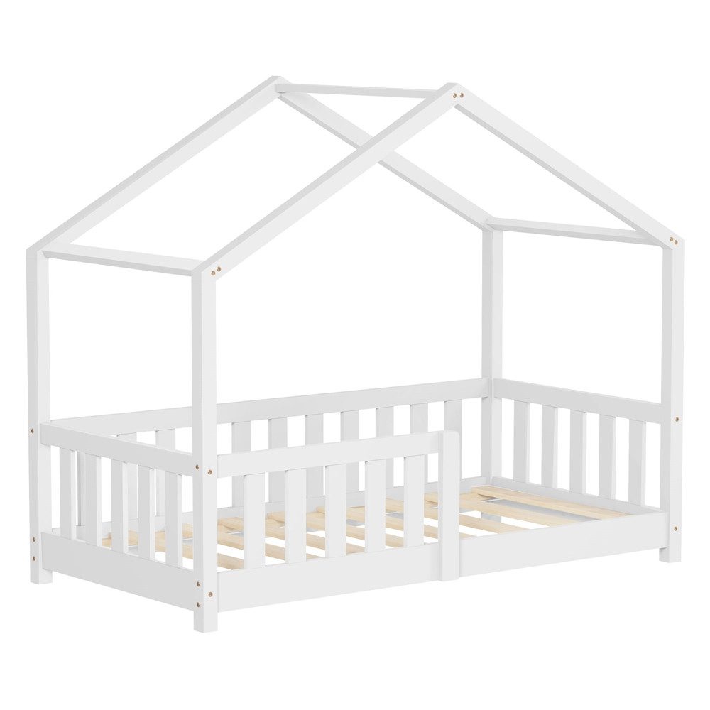 ML-DESIGN Spielbett Hausbett Kinderbett inkl. Lattenrost & Rausfallschutz Kinder Bodenbett, Abenteuerbett 70x140cm Haus Bett Himmelbett Kiefer Jugendbett Weiß