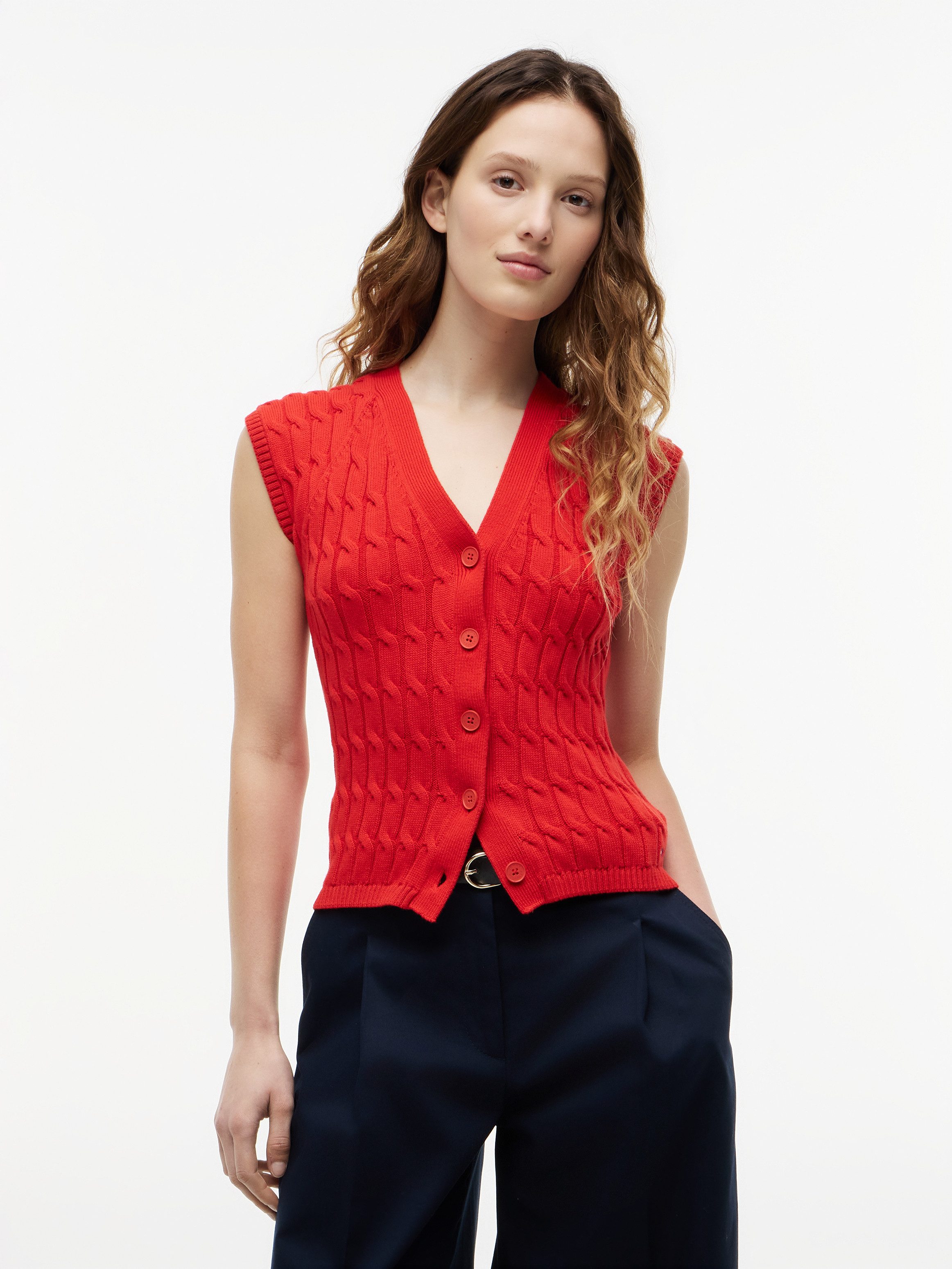 Tommy Hilfiger Strickweste MID GG CABLE VEST CARDI Baumwolle, mit Zopfstrickmuster