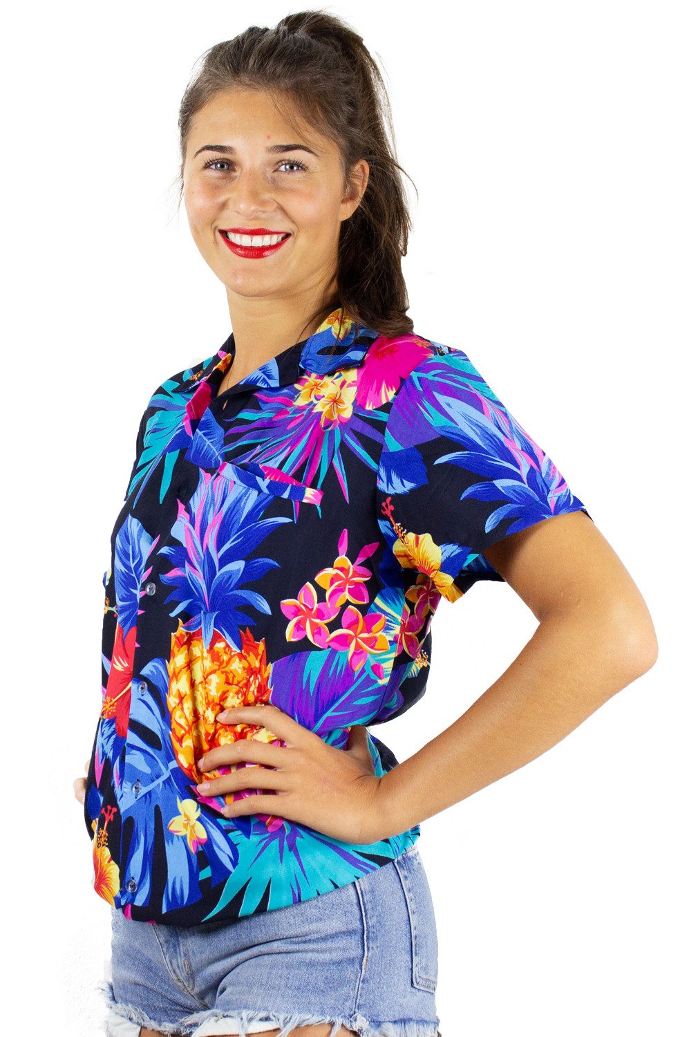 Hawaiihemd Pineapple Funky Hawaiibluse Damen Kurzarm Front-Tasche Stylish
