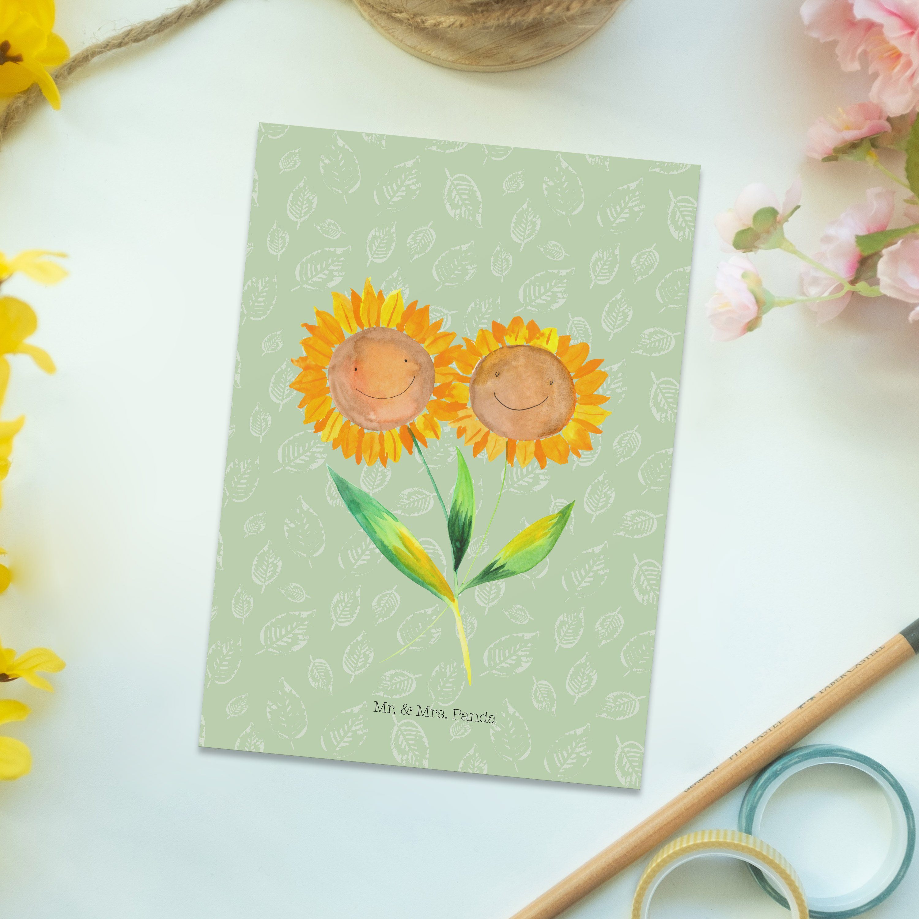 Mr. & Einladung, Panda Freundin, Mrs. - Blattgrün Sonnenblume Sonnenblumen - Postkarte Geschenk