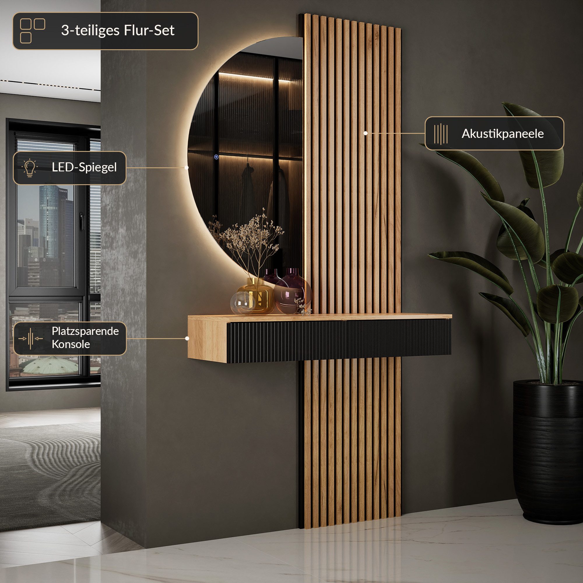 Planetmöbel Garderoben-Set AMYRA Flur Garderobe Spiegel mit Beleuchtung & Akustikpaneele, (LED Spiegel NIVORA 50 x 100 cm, Touch-Funktion, Dimmbar, Konsolentisc – Bild 3 von 5