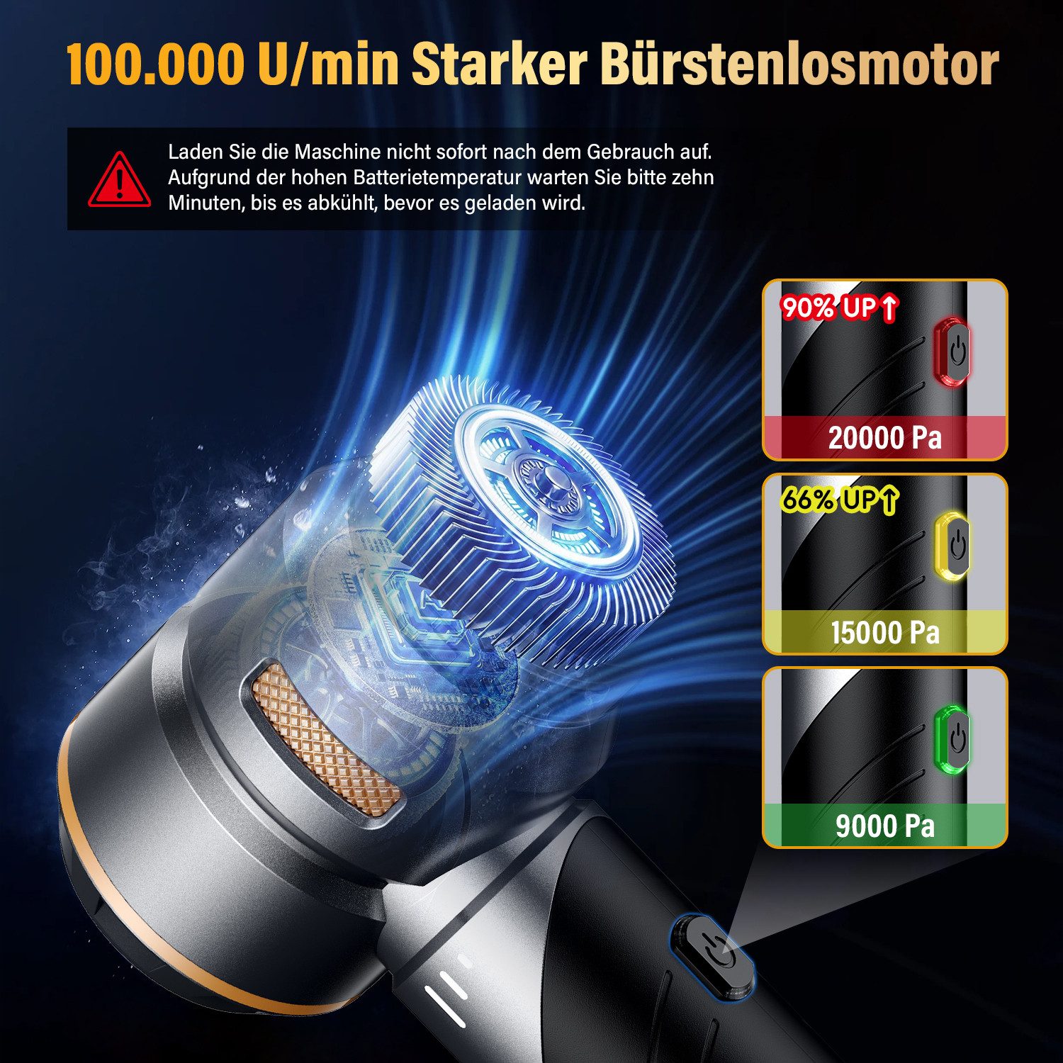 AIBISTAR Akku-Handstaubsauger Kabellos Handstaubsauger klappbar Air Duster 2in1 100.000 U/min, 6000mAh,20000 Pa,3 verstellbare Saugstufen,Klappbarer Griff