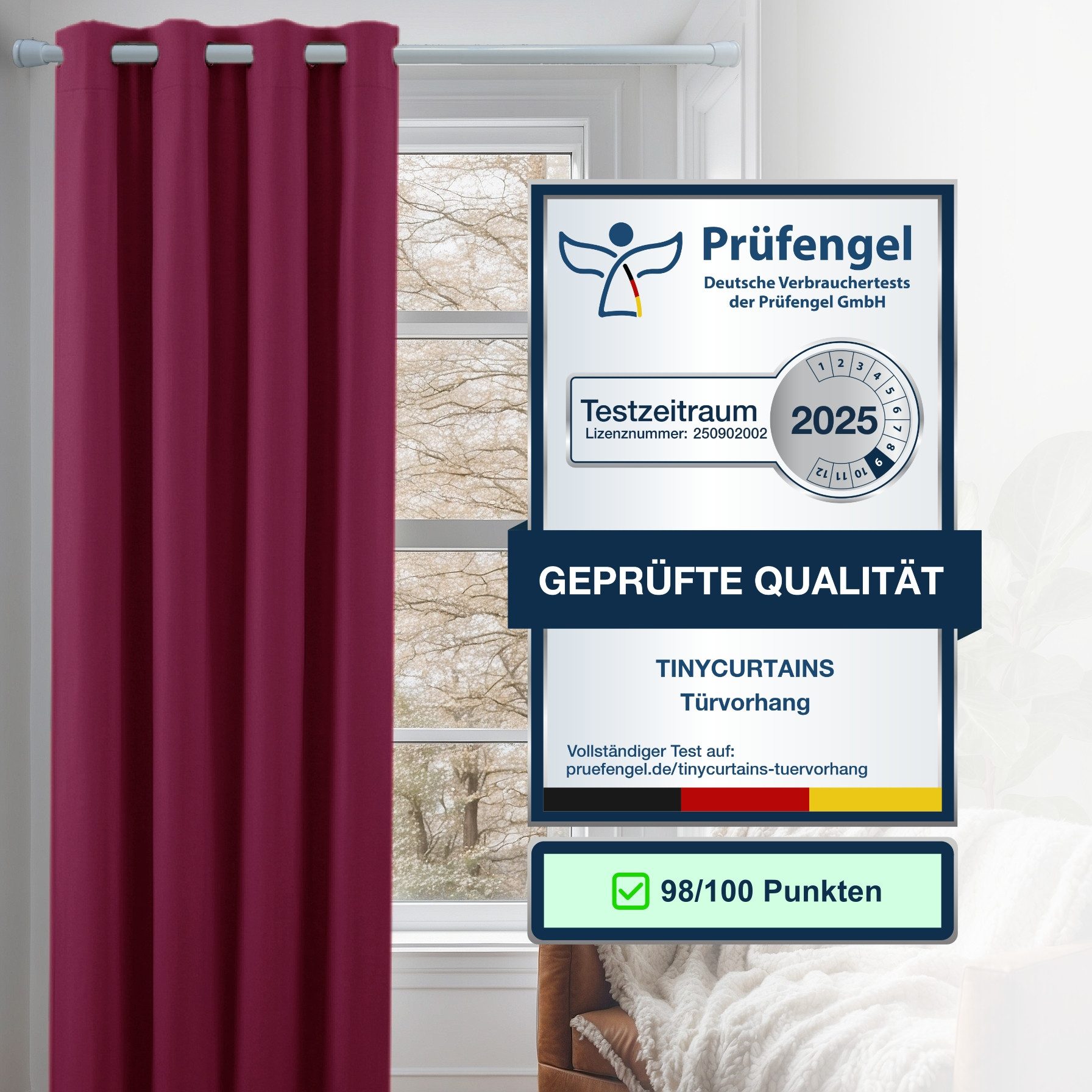 tinycurtains Türvorhang mit Stange weiß 70-120 cm Thermo Vorhang ohne Bohren, blickdicht, Ösen, verdunkelnd, Polyester, bordeaux rot Berry, Türgardine mit Klemmstange Raumtrenner Vorhang Tür