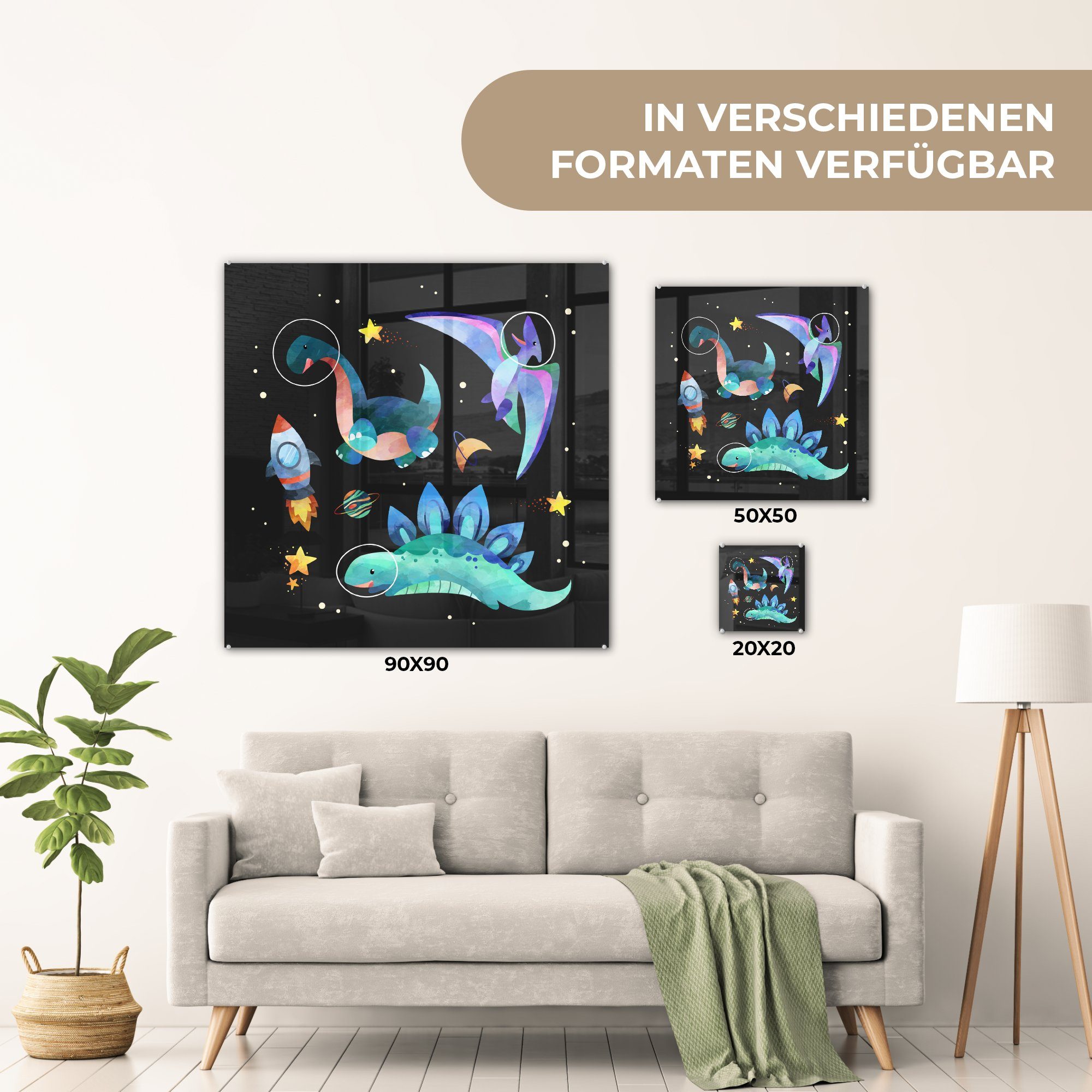 - Kinder Wanddekoration - - Bilder Mädchen Glasbilder - - (1 MuchoWow Dinosaurier Kinder, Glas Acrylglasbild Rakete Foto Kinder - Wandbild St), auf - - auf Glas