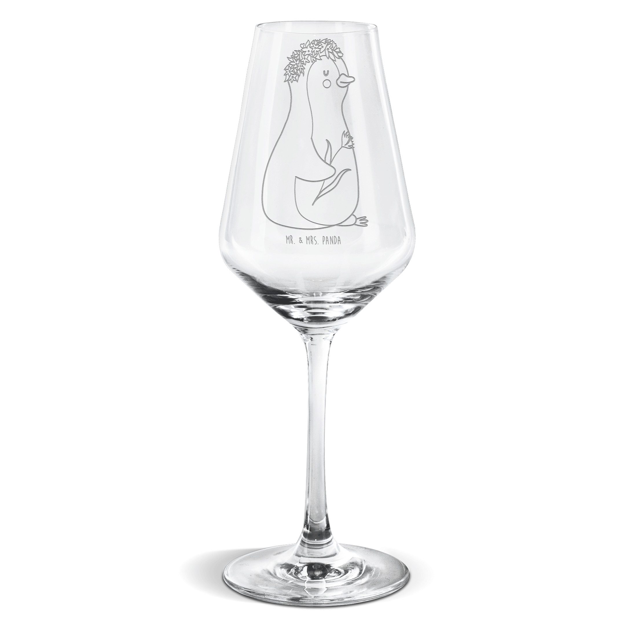 Mr. & Mrs. Panda Weißweinglas Pinguin Blumen - Transparent - Geschenk, Geschenk für Weinliebhaber, Premium Glas, Exklusives Design