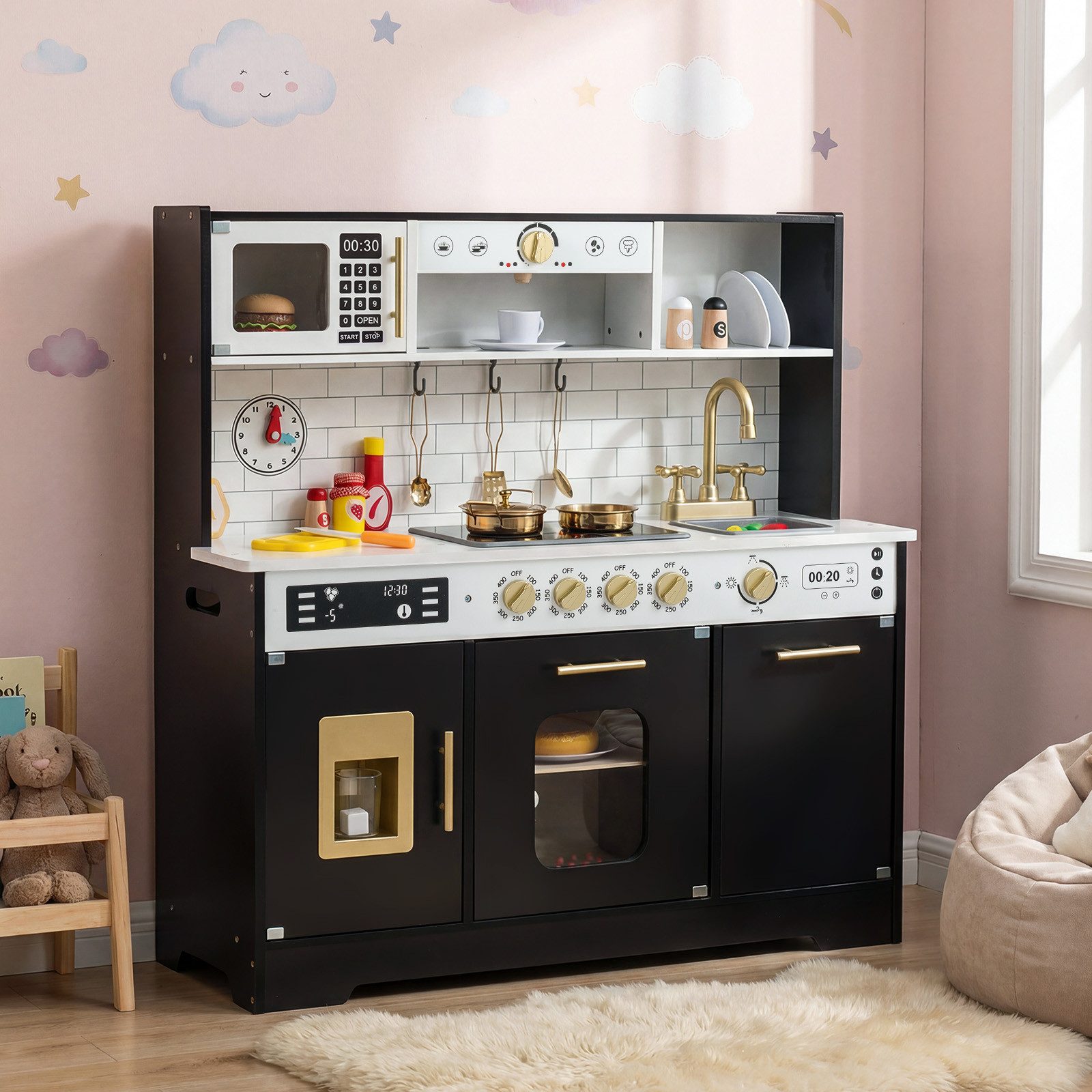 COSTWAY Spielküche MDF, Mit Herd, Spüle, Eismaschine, Mikrowelle, Geschirrspüler