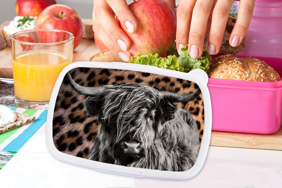MuchoWow Lunchbox Schottischer Kinder, Tiere, Brotbox (2-tlg), Pantherdruck - Mädchen, für Snackbox, - Highlander Brotdose Kunststoff Kunststoff, Erwachsene, rosa