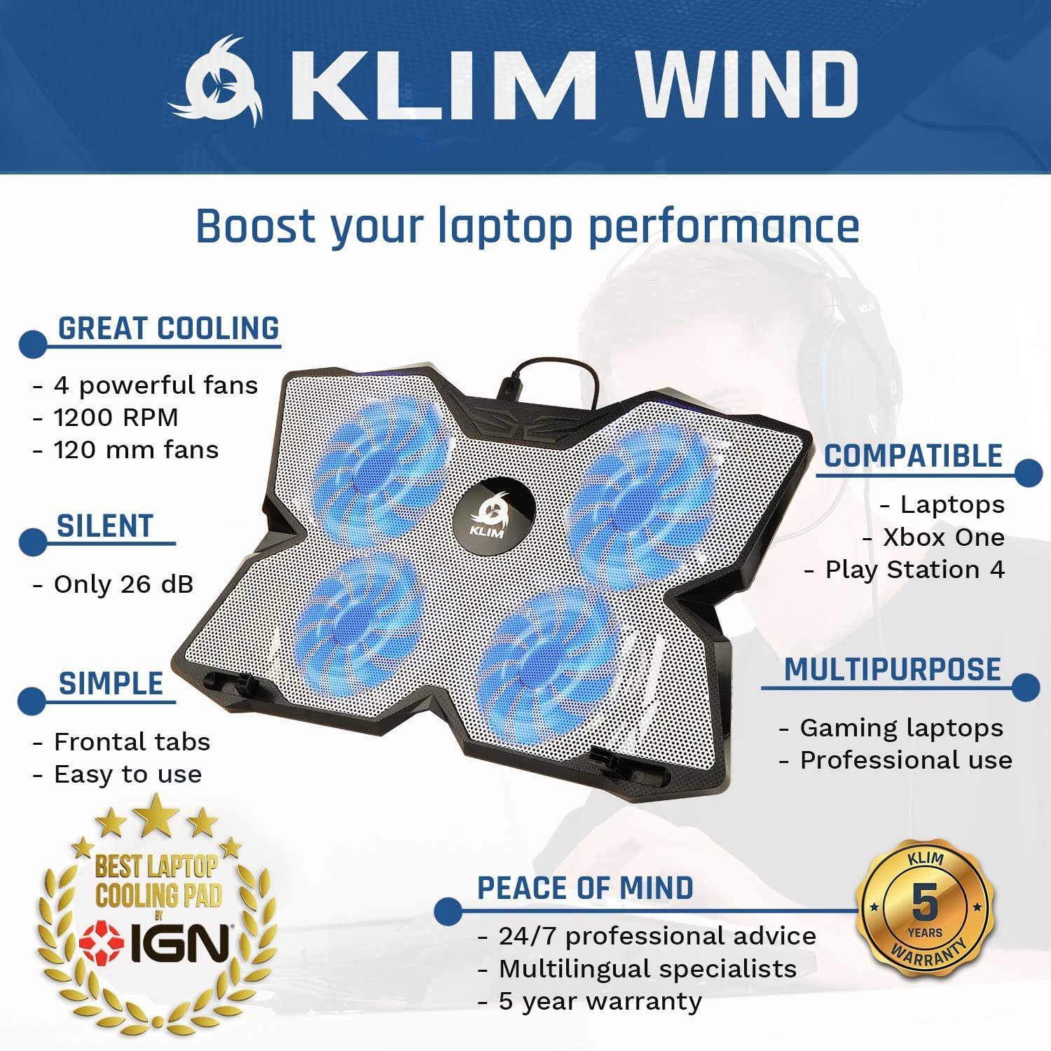 KLIM Notebook-Kühler Wind, Metall leistungsstärkste der Weiß Laptop-Kühlpad – Kühlventilator schnelle