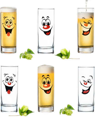 PLATINUX Bierglas Hohe Biergläser, Glas, 300ml (max 335ml) Set 6 Teilig mit lustigen Gesichtern Kölschglas Bierstangen Karneval