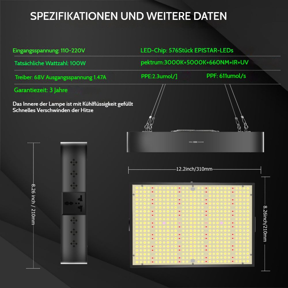 QUBEBU Pflanzenlampe 572LED-Pflanzenlampe 100W Vollspektrum Grow Lampe Pflanzenlicht Indoor, 100W, LED fest integriert, Vollspektrum Pflanzenlicht, Cannabis Grow Lampe, Dualmodus: Einstellbarer Wachstums-/Blütezeitmodus