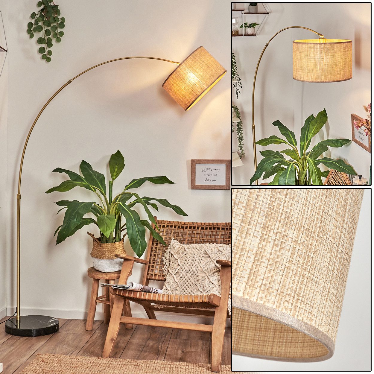 hofstein Bogenlampe Stehlampe Metall/Papiergeflecht/Stoff in Schwarz/Messing/Natur/Braun, Stehleuchte im Boho-Design mit Marmorfuß u. Fußschalter (35 cm), E27