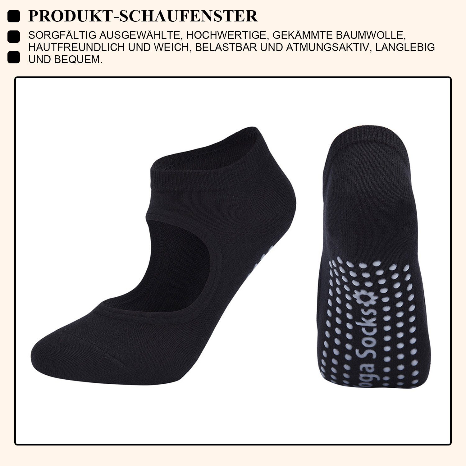 Sneakersocken Pilates für Grün+Schwarz+Beige Sock Rutschfeste Yoga Damen, 3 Paare Daisred Socken