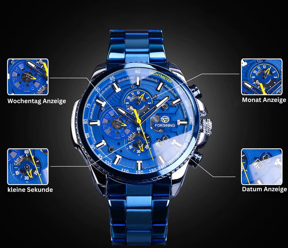 Rötting Design Automatikuhr Herrenuhr Armbanduhr Edelstahl blaues Ziffernblatt DATUM, Datum Wochentag Monats Anzeige