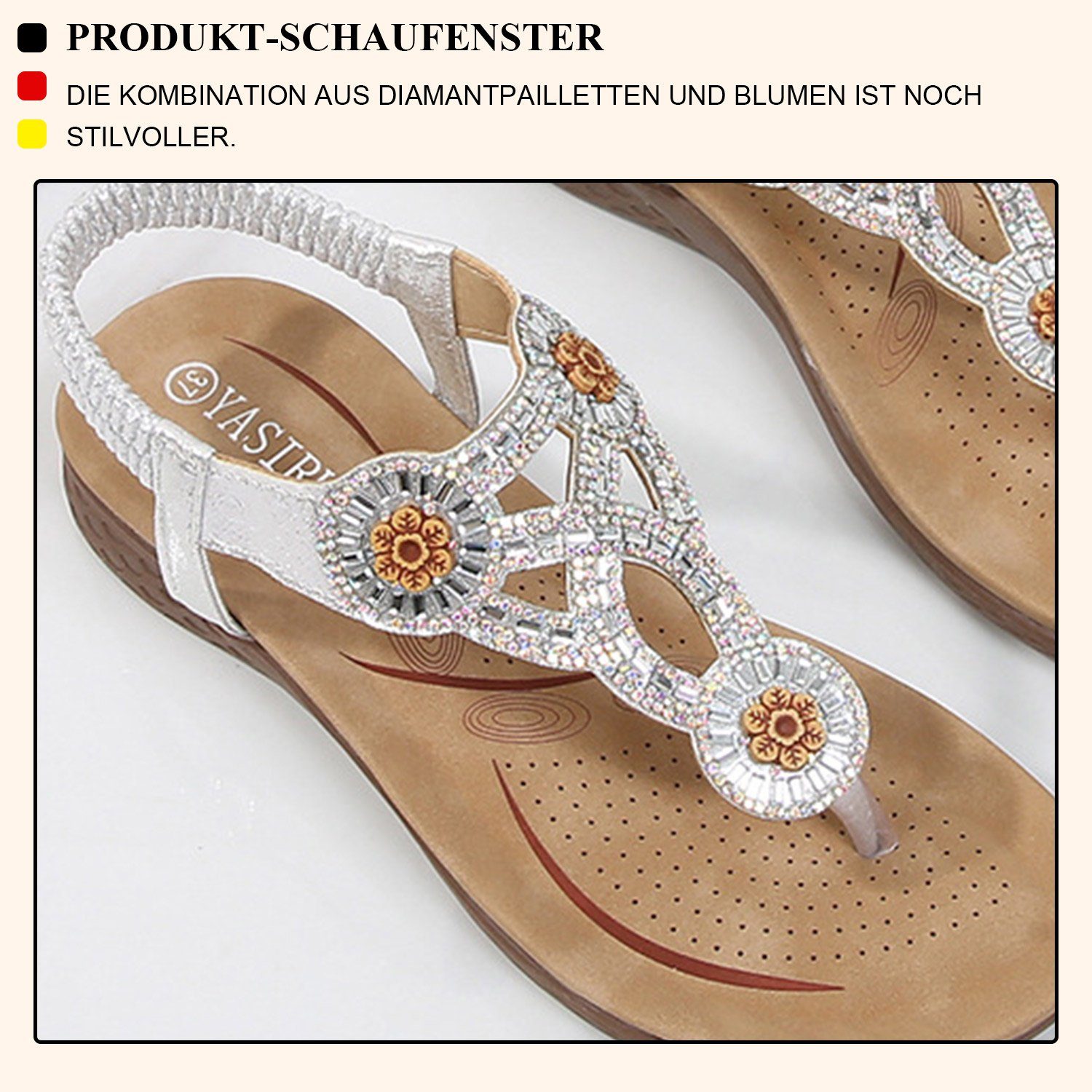 MAGICSHE Strand Bohemia Damen Blumenmuster Sandalen Silber Zehentrenner Strass-Sandalen