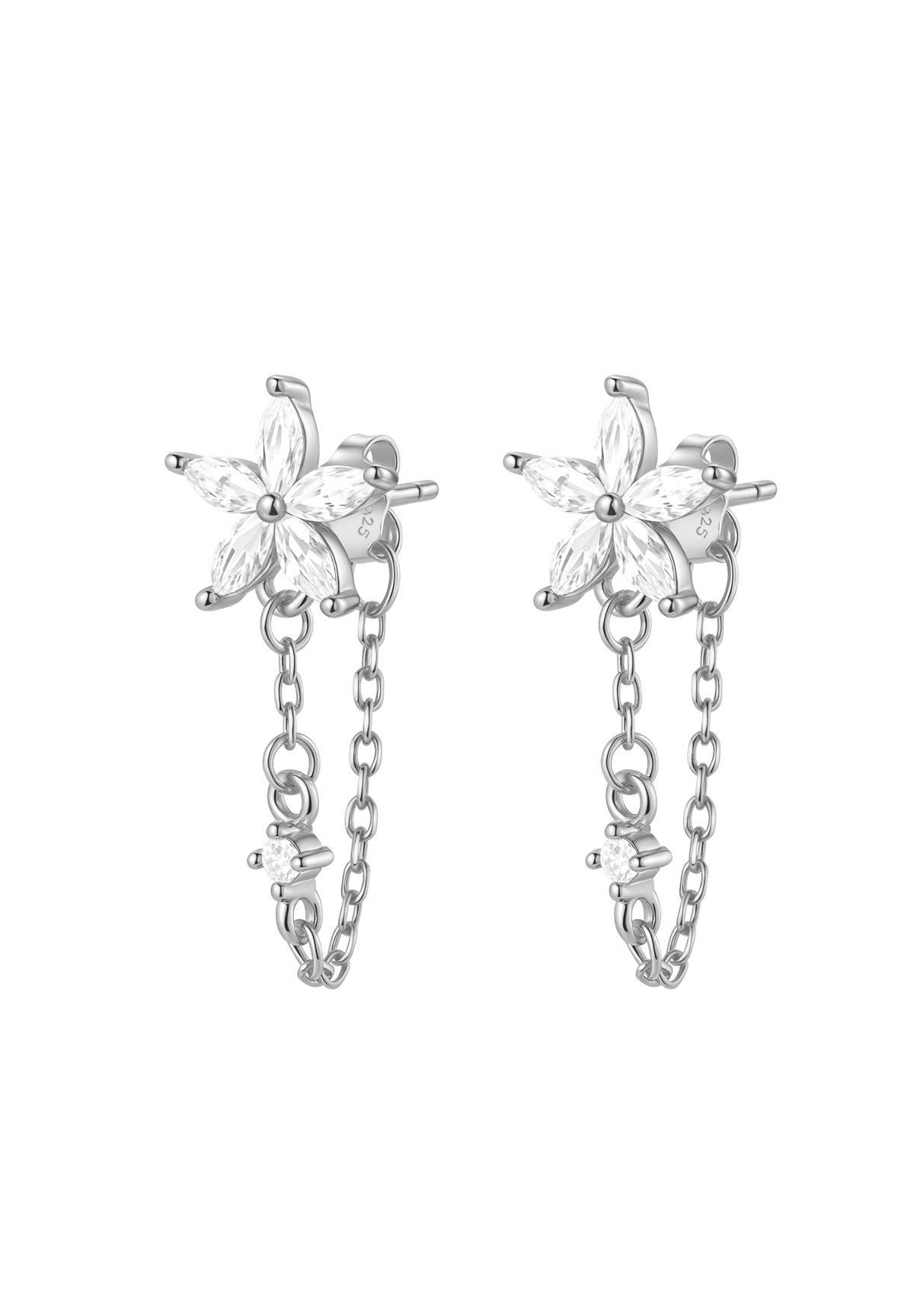 Hey Happiness Paar Ohrhänger Zirkonia Blumen Kettenohrringe, 925 Silber, Feine Hängeohrringe mit Kette vergoldet, Gold & Roségold