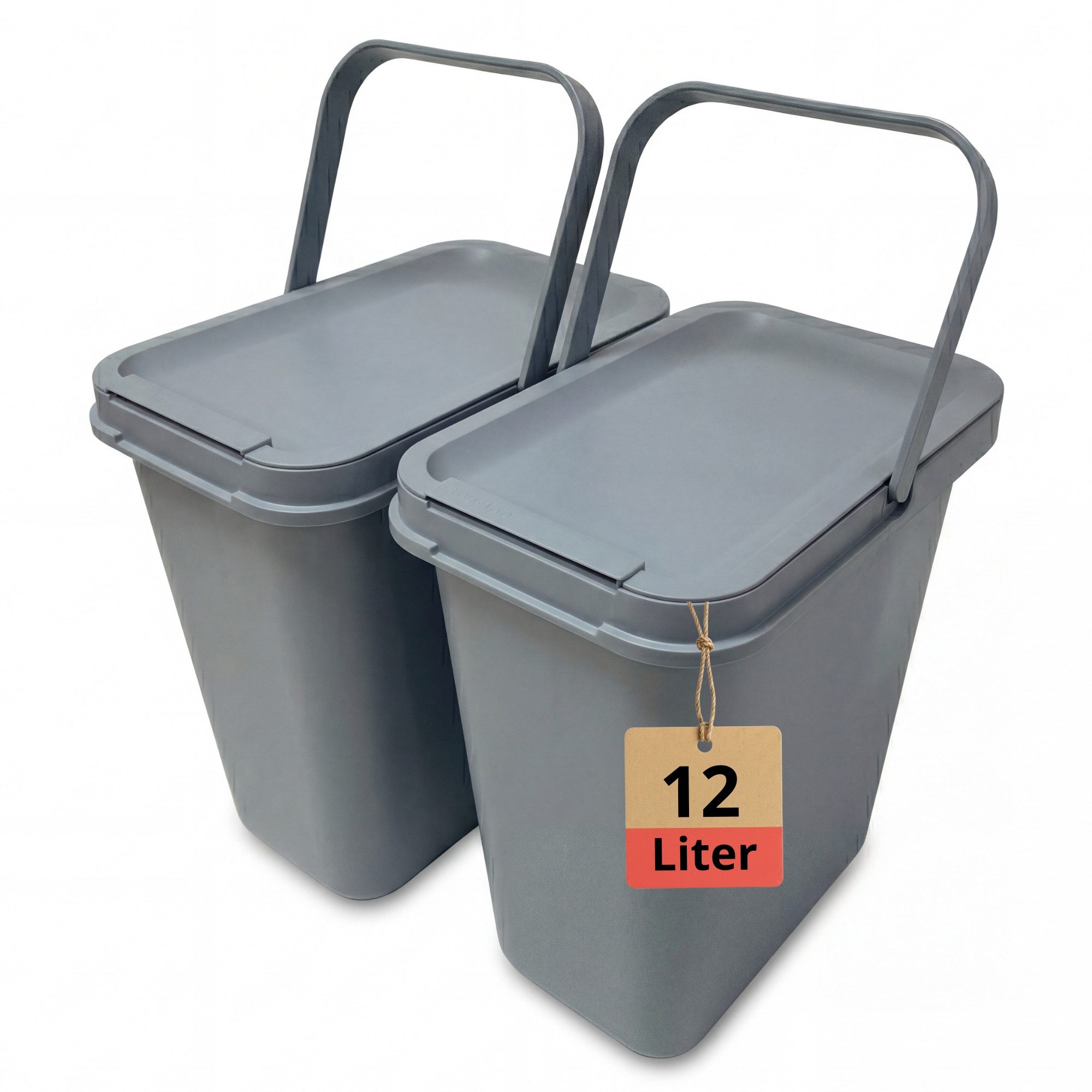 BigDean Mülleimer 12 Liter Grau mit Deckel Henkel & Mülltütenbefestitung, 2 Stück Integriertes Anti-Rutsch-System zur Beutelfixierung