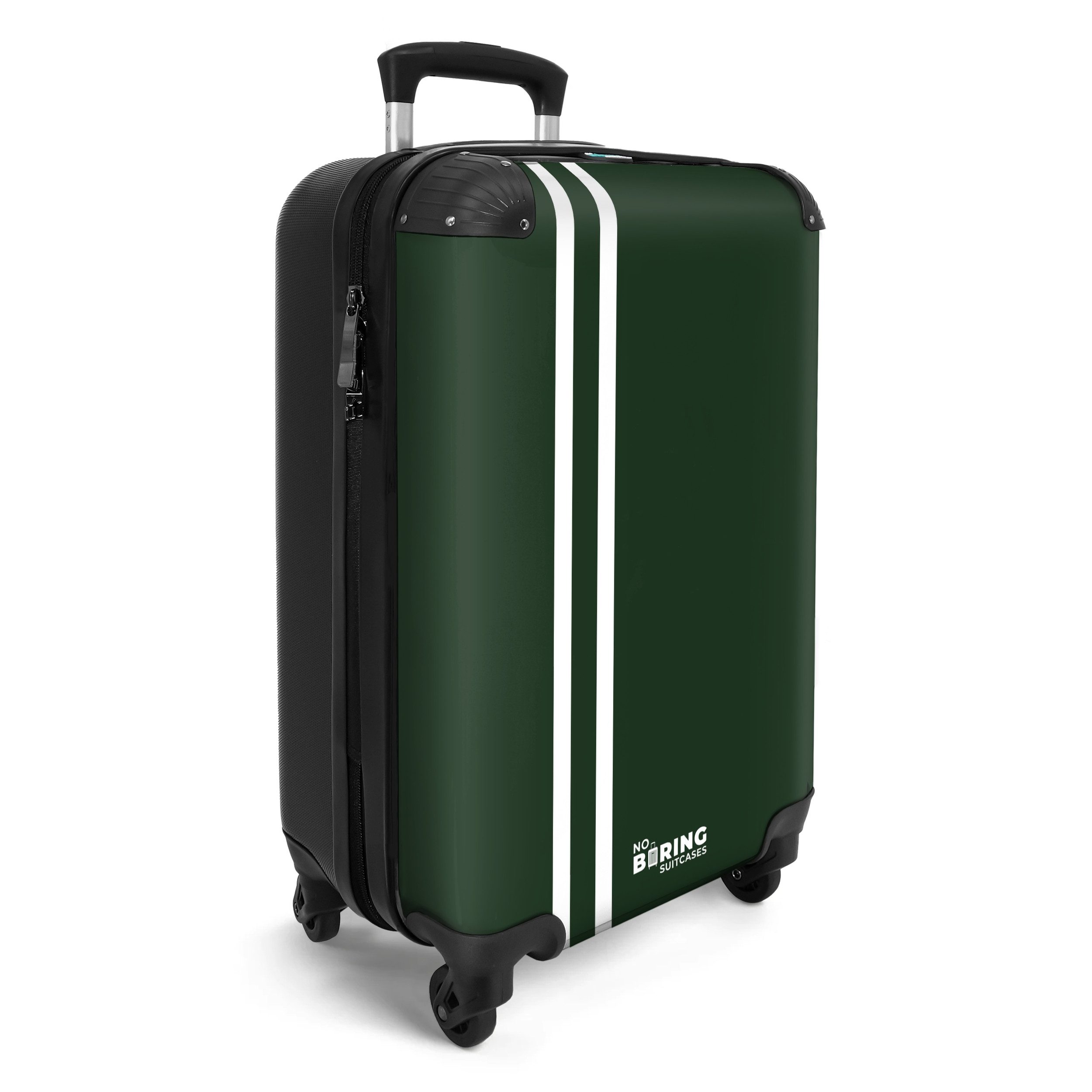 NoBoringSuitcases.com© Hartschalen-Trolley Dunkelgrüner Hintergrund mit doppelten weißen Seitenstreifen auf der l, 4 Rollen, Reisetasche mit Rollen, Koffer Handgepäck Flugzeug