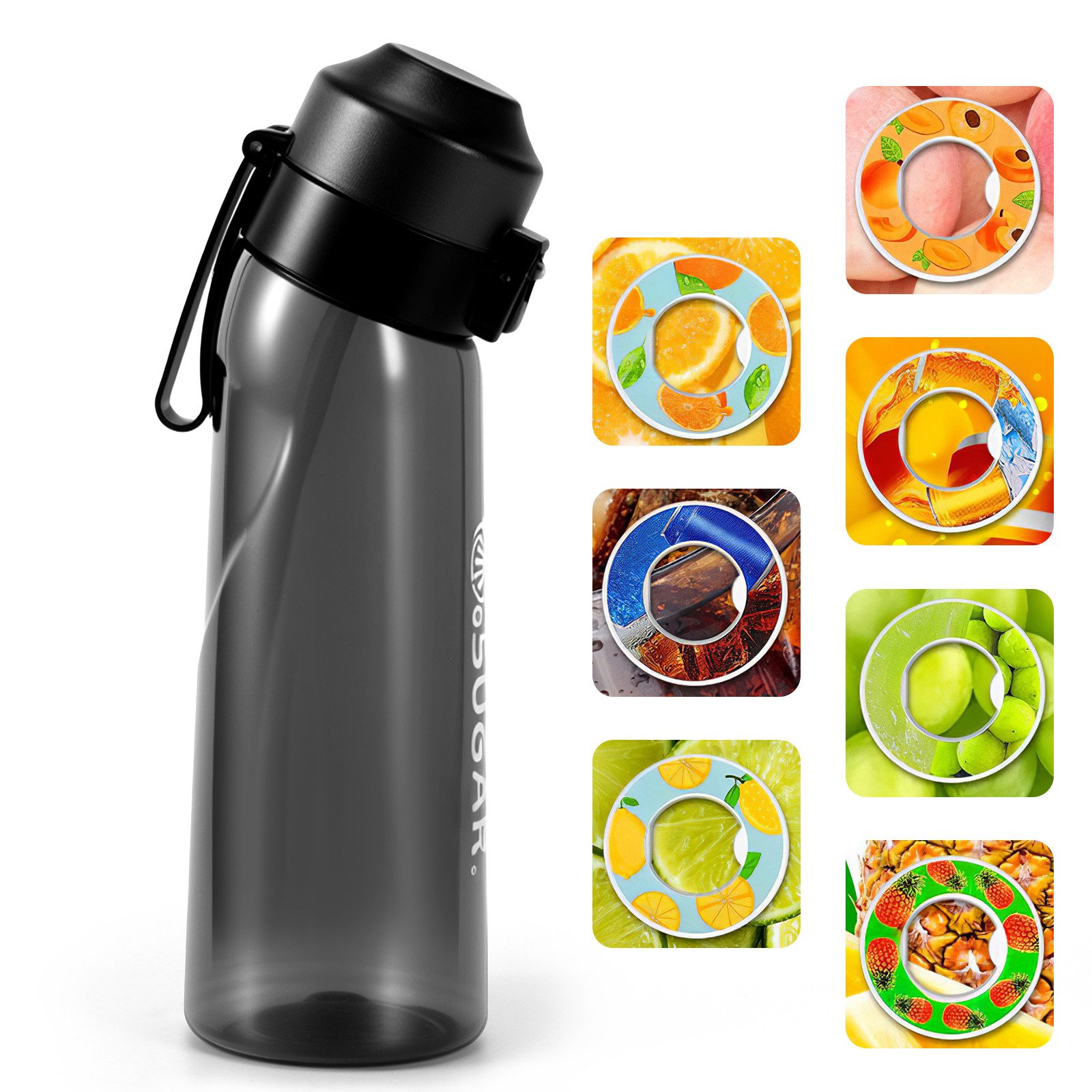 BlingBin Trinkflasche Luft Wasserflasche Sport mit 7 Pods Geschmackskapseln, 650ml, Trinkflasche Ideal zum Laufen und im Fitnessstudio, Schwarz
