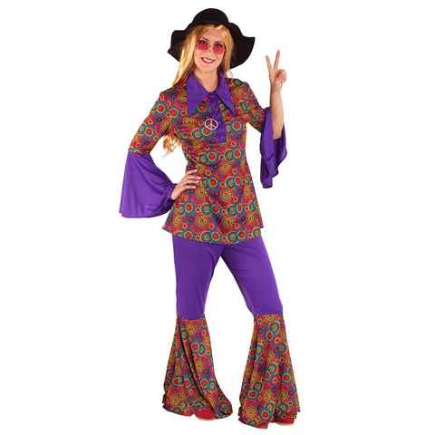 Karneval-Klamotten Hippie-Kostüm Damenkostüm 60er Jahre Flower Power, Retro Anzug lila-bunt mit Kragen, Hippie-Hemd und Schlaghose