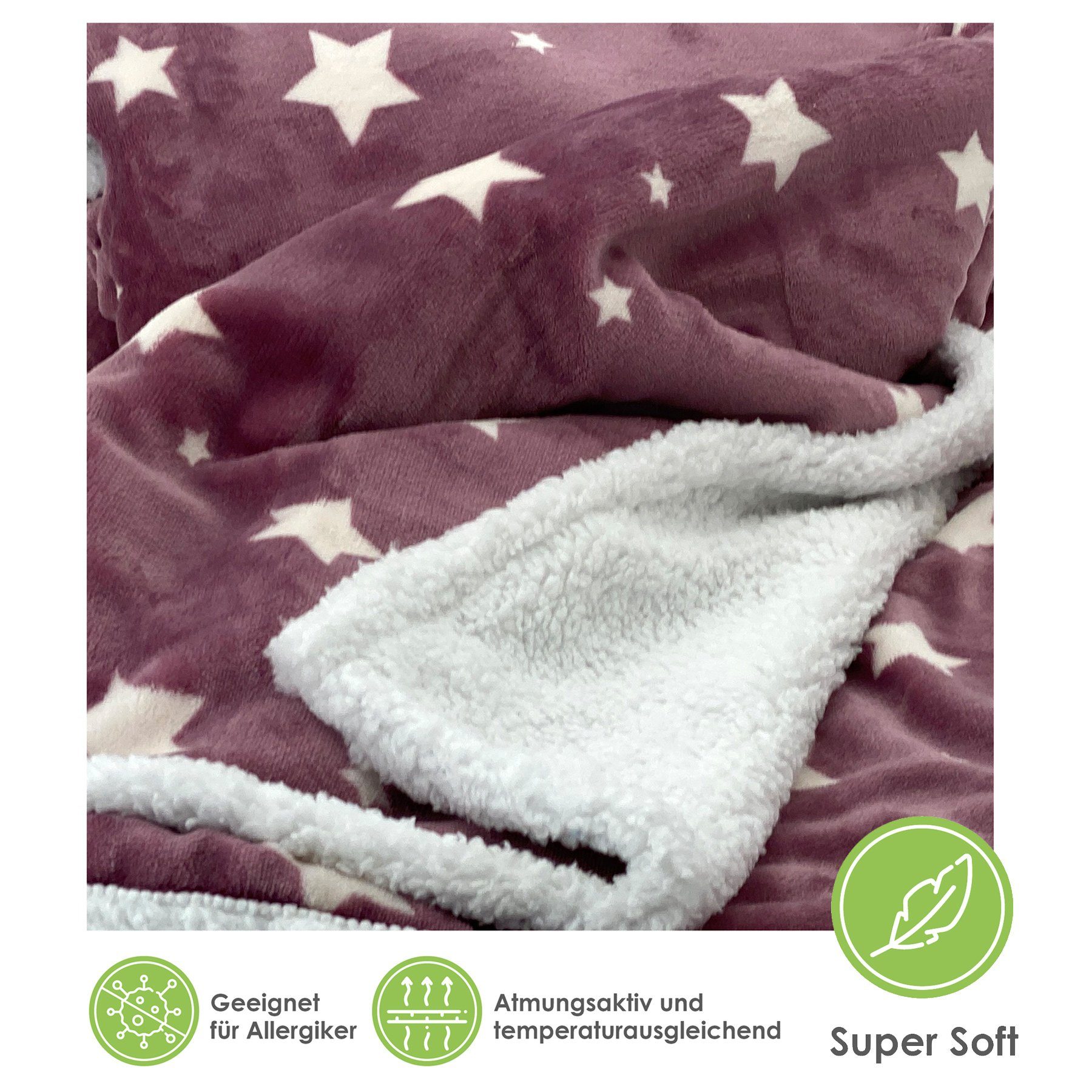 Wohndecke Soft Flanell Sterne Kuscheldecke mit Sherpa Fell, heimtexland, Sofadecke 150x200 I extra dick I warm I kuschelig weich