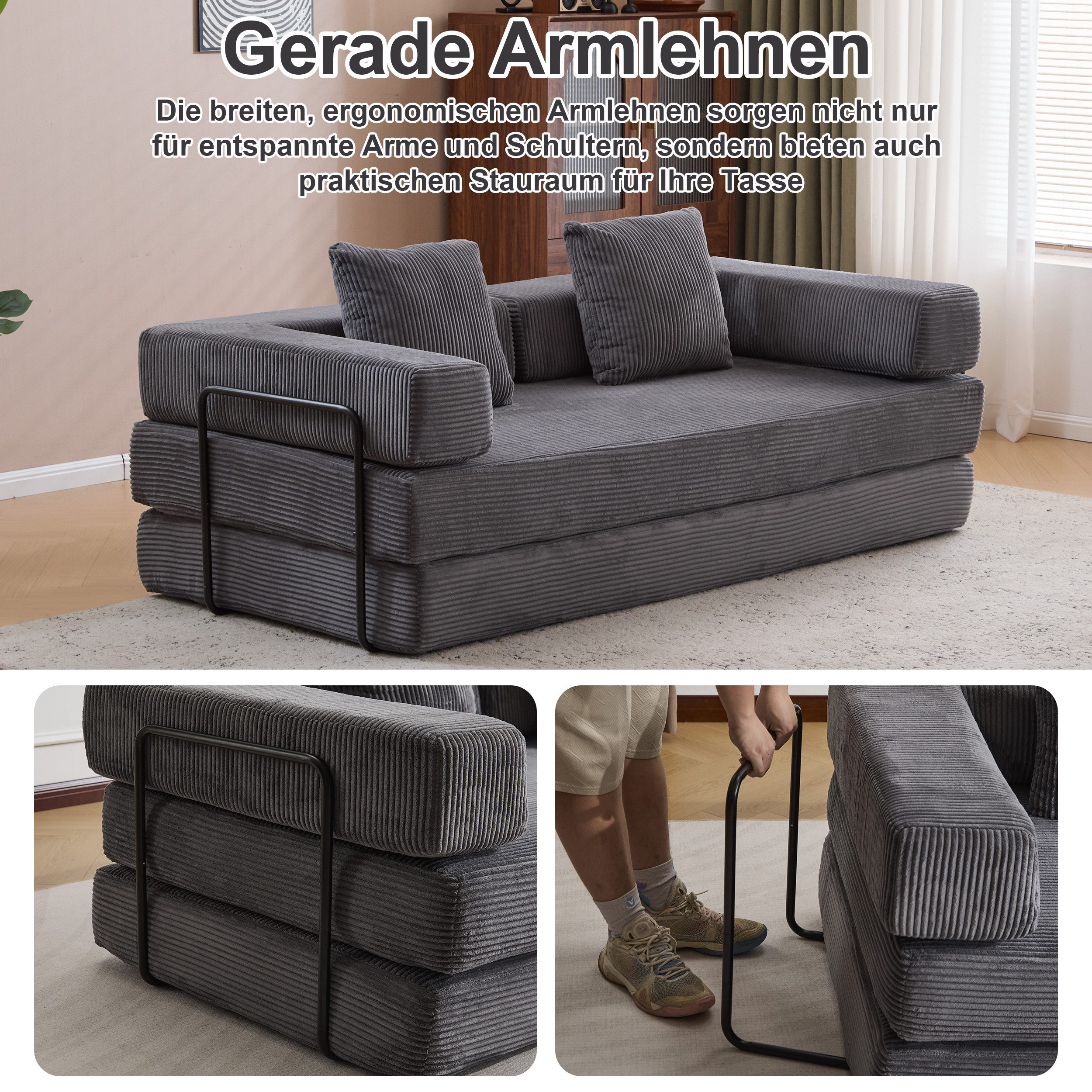 Vankel Loungesofa 4-in-1 Wohnzimmersofa mit Bettfunktion – faltbares Cord Schlafsofa, Bequemes & modernes Schlafsofa aus Cord – ideal für kleine Räume – Bild 4 von 5