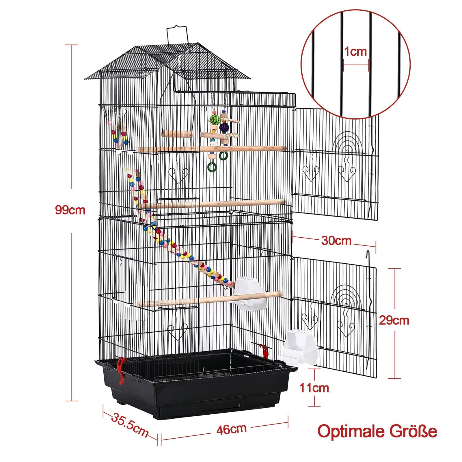 FIVMEN Vogelkäfig Papageienkäfig Vogelvoliere Vogelhaus Käfig mit Spielzeug, Rollen, Schwarz Kanarienvögelkäfig 46x35,5x99cm