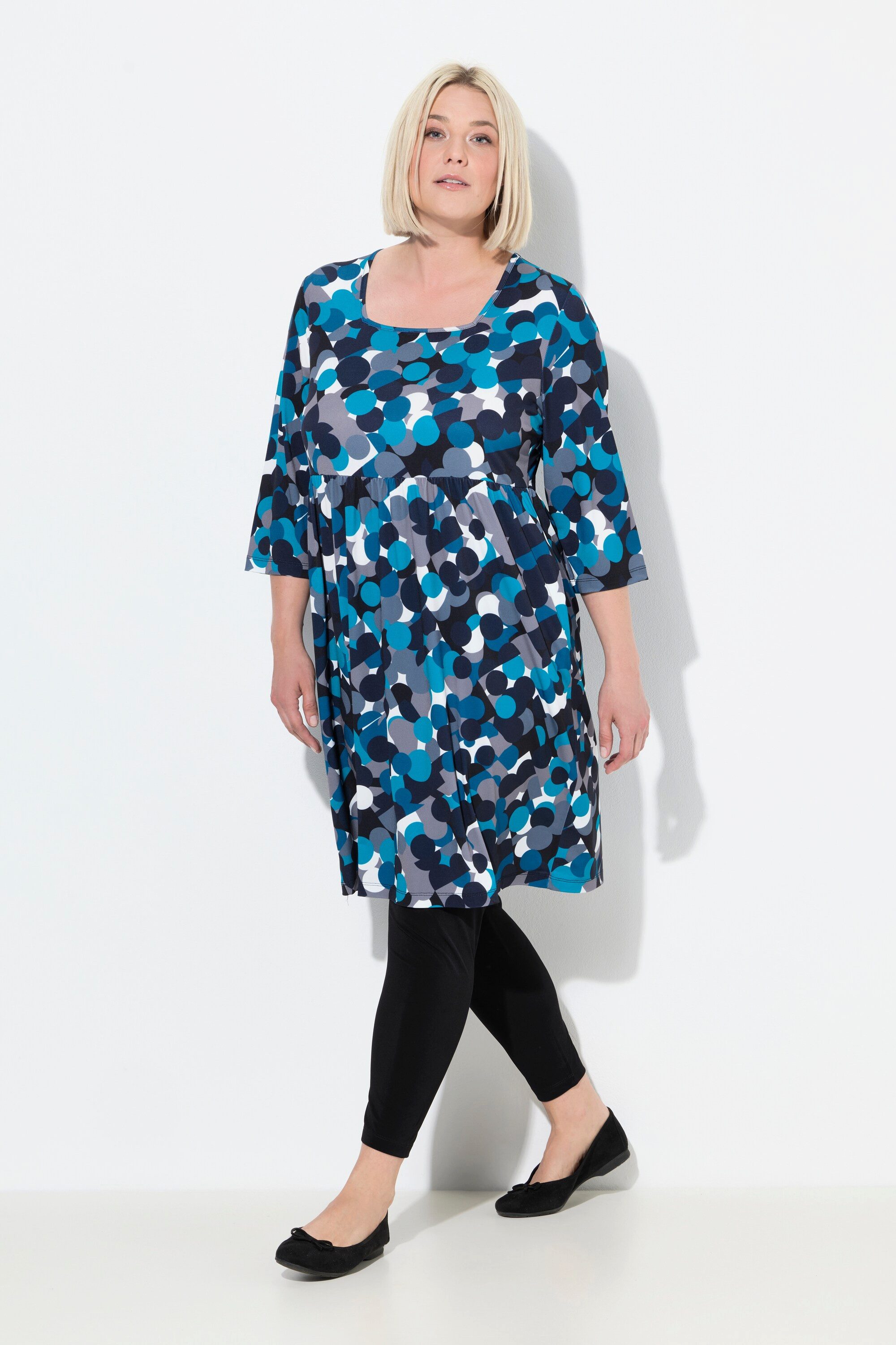 Ulla Popken Maxikleid Longshirt Punkte A-Linie Carré-Ausschnitt 3/4-Arm