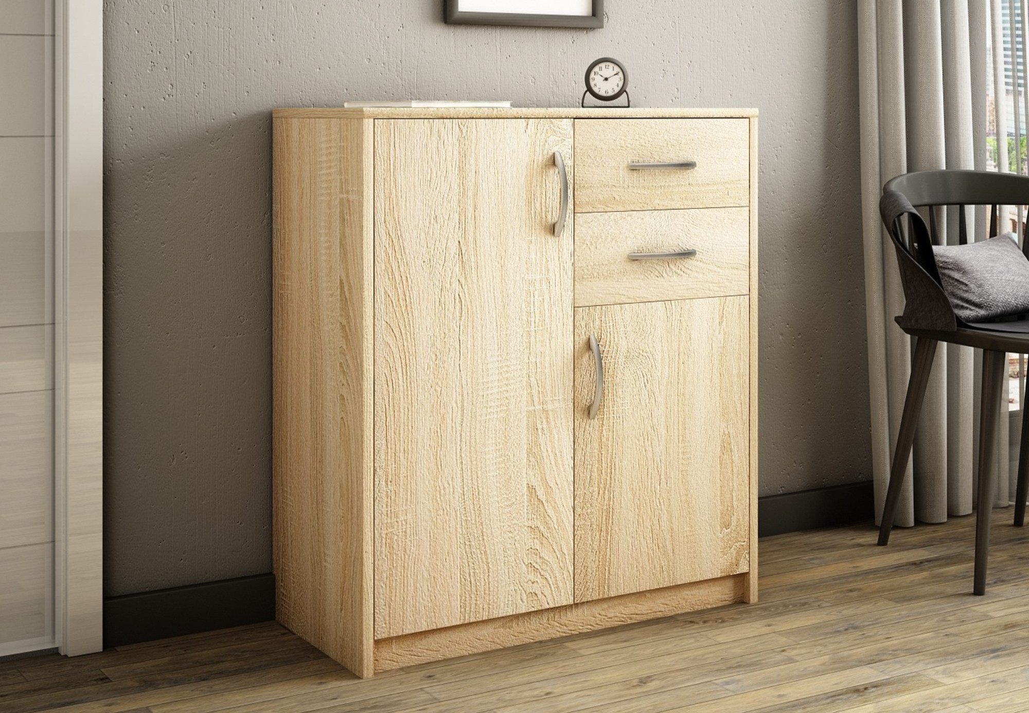 Home Collective Kommode mit 2 Schubladen und 2 Türen in matter Ausführung, Kommode 74cm breit (Hergestellt aus laminiertem Holz, Metallrollen mit Auszugssperre), Holz Schrank Sideboard Highboard Kommode mit Schubladen Sonoma