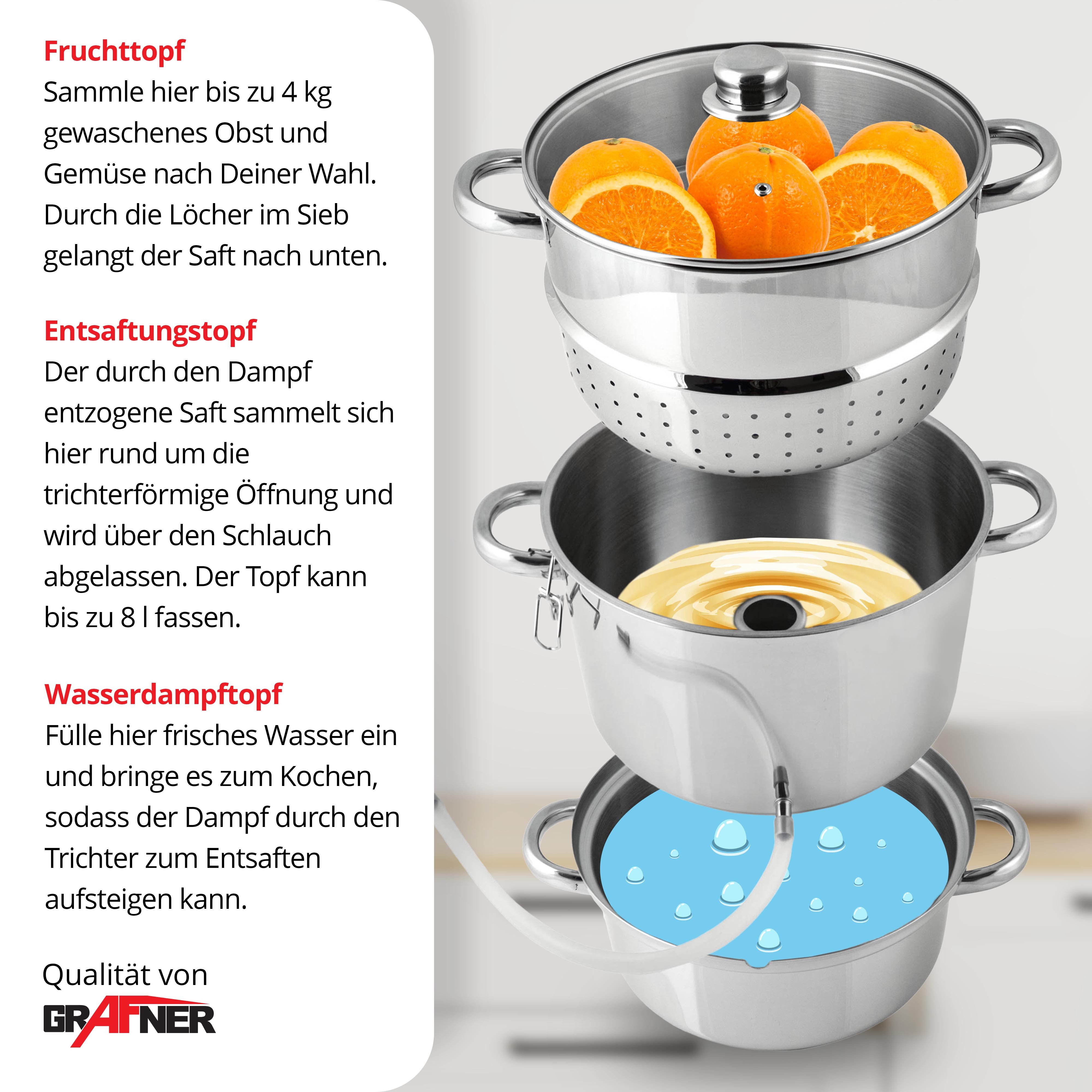 Grafner Entsafter Dampfentsafter 8L Edelstahl Schlauch + Klemme Fruchtentsafter, Töpfe aus Edelstahl, Induktiongeeignet, Glasdeckel mit Knauf – Bild 5 von 5