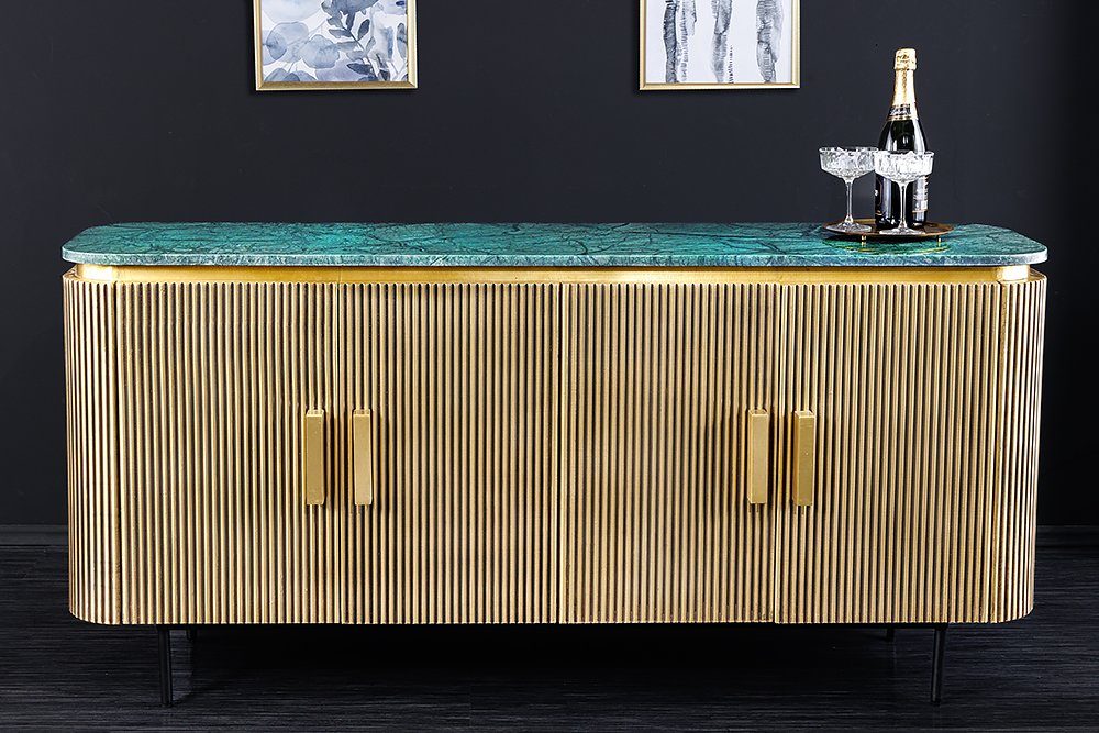 riess-ambiente Sideboard VENEZIANO 160cm messing / grün (Einzelartikel, 1 St), Wohnzimmer · Massivholz · Metall · Marmor · Kommode · Retro Design