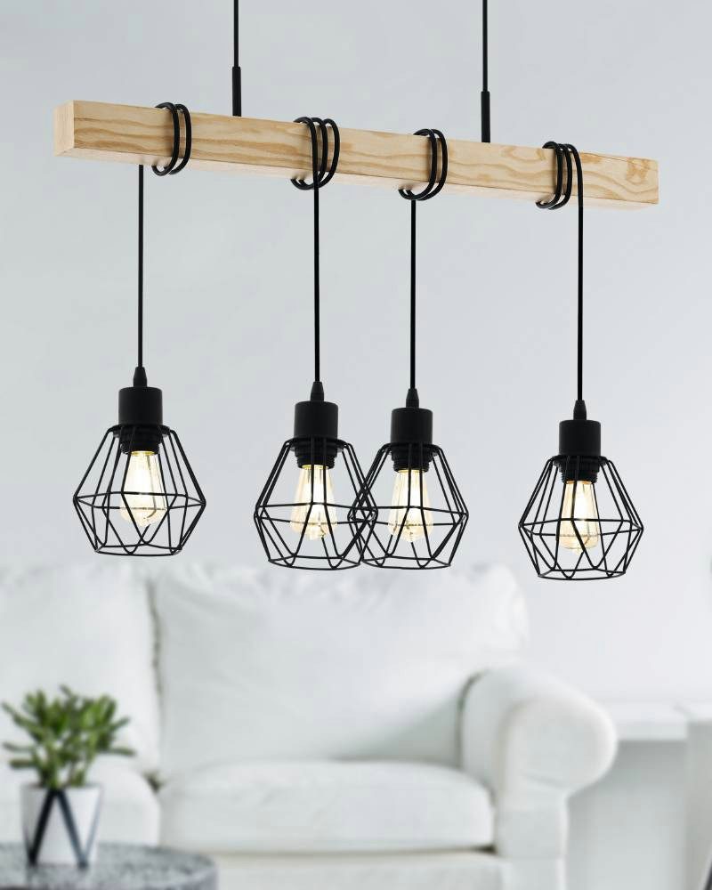 EGLO Hängeleuchte TOWNSHEND 5, Hängelampe, Stahl und Holz, E27, IP20, Pendellampe, Lampe, ohne Leuchtmittel, Hängeleuchte, L70 x B20 x H110 cm, schwarz, braun, 4X60W exkl.