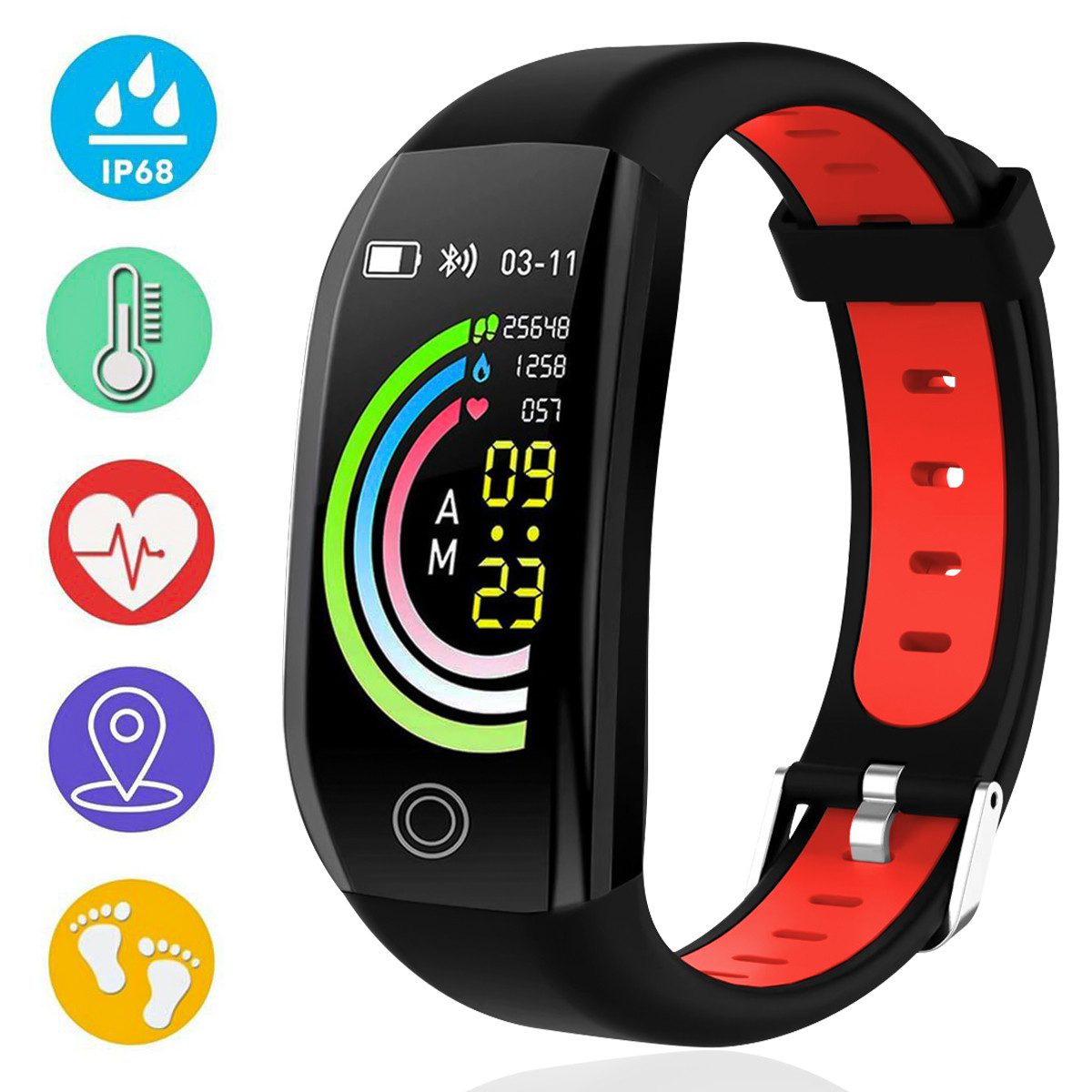 RWEUOQ Fitness Armband mit Pulsmesser, Smart-Armband, Bluetooth-Uhr Fitnessuhr (1.14 Zoll, iOS 8.0 und höher, Android 4.4 und höher) Wasserdichtes IP68-Fitness-Armband, Fitness-Tracking-Uhr, Sportuhr, 1-tlg., Herzfrequenz- und Blutdruckmessung, Messung des Blutsauerstoffgehalts, Herzfrequenz- und Blutdruckmessung, Messung des Blutsauerstoffgehalts