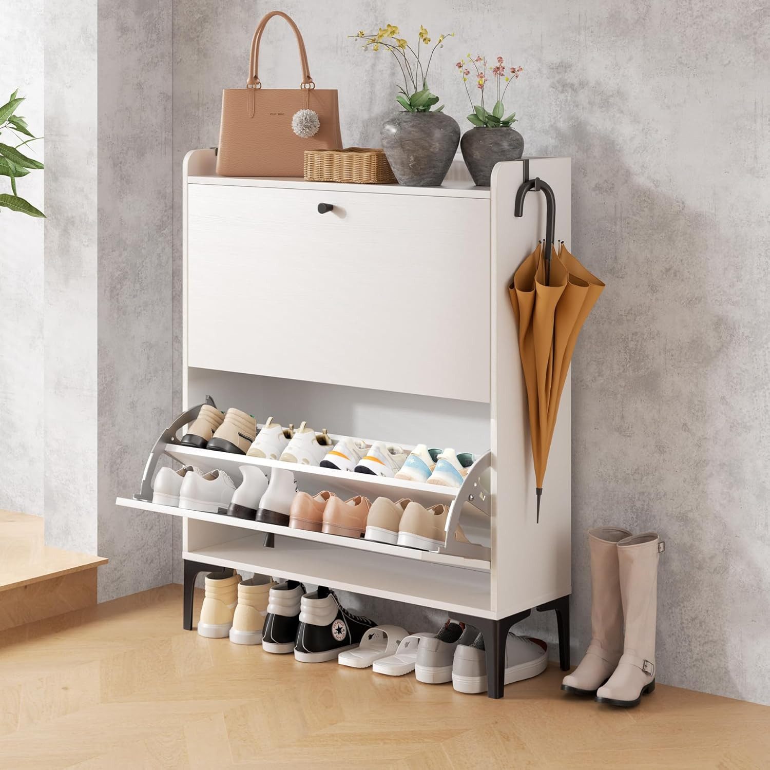 Dripex Schuhschrank mit 2 klappbaren Schubladen und Metallfüßen, verstellbare Fächer