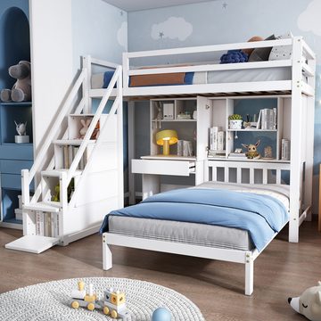 MODFU Etagenbett Doppelbett (mit Schreibtisch und Regale, mit Lattenrost, weiß, 90*200, multifunktionales Kinderbett, Stauraumfunktion), multifunktionales Design